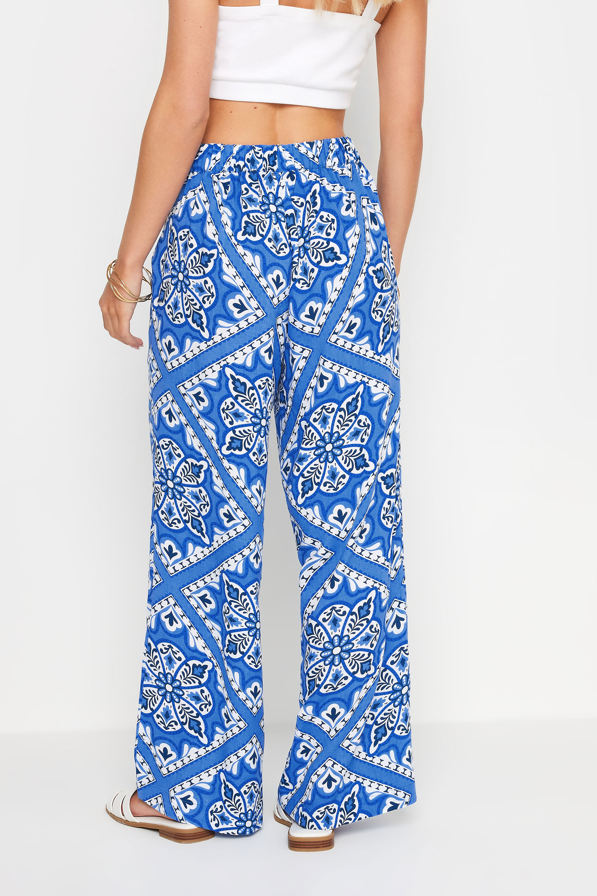PixieGirl Petite Women's Blue Tile Print Wide Leg Trousers | PixieGirl 4
