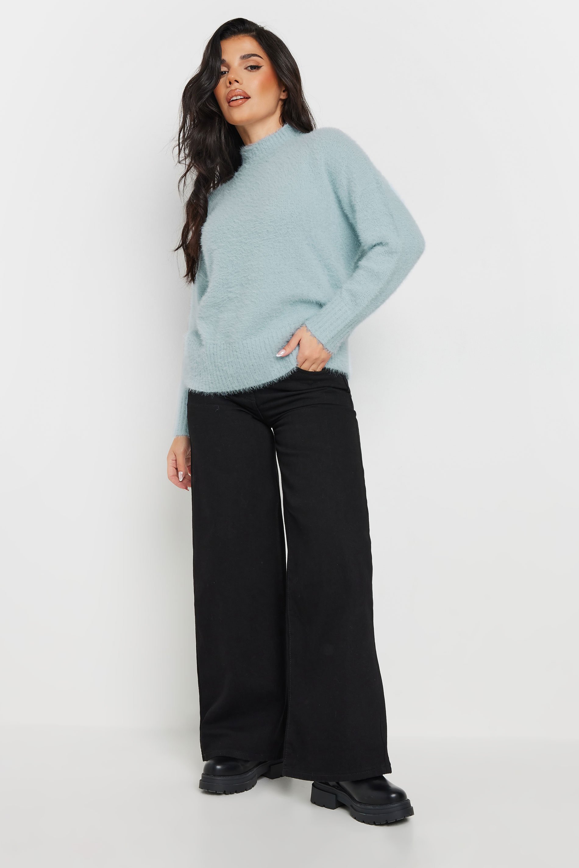 PixieGirl Petite Women's Blue Fluffy Knitted High Neck Jumper | PixieGirl 2