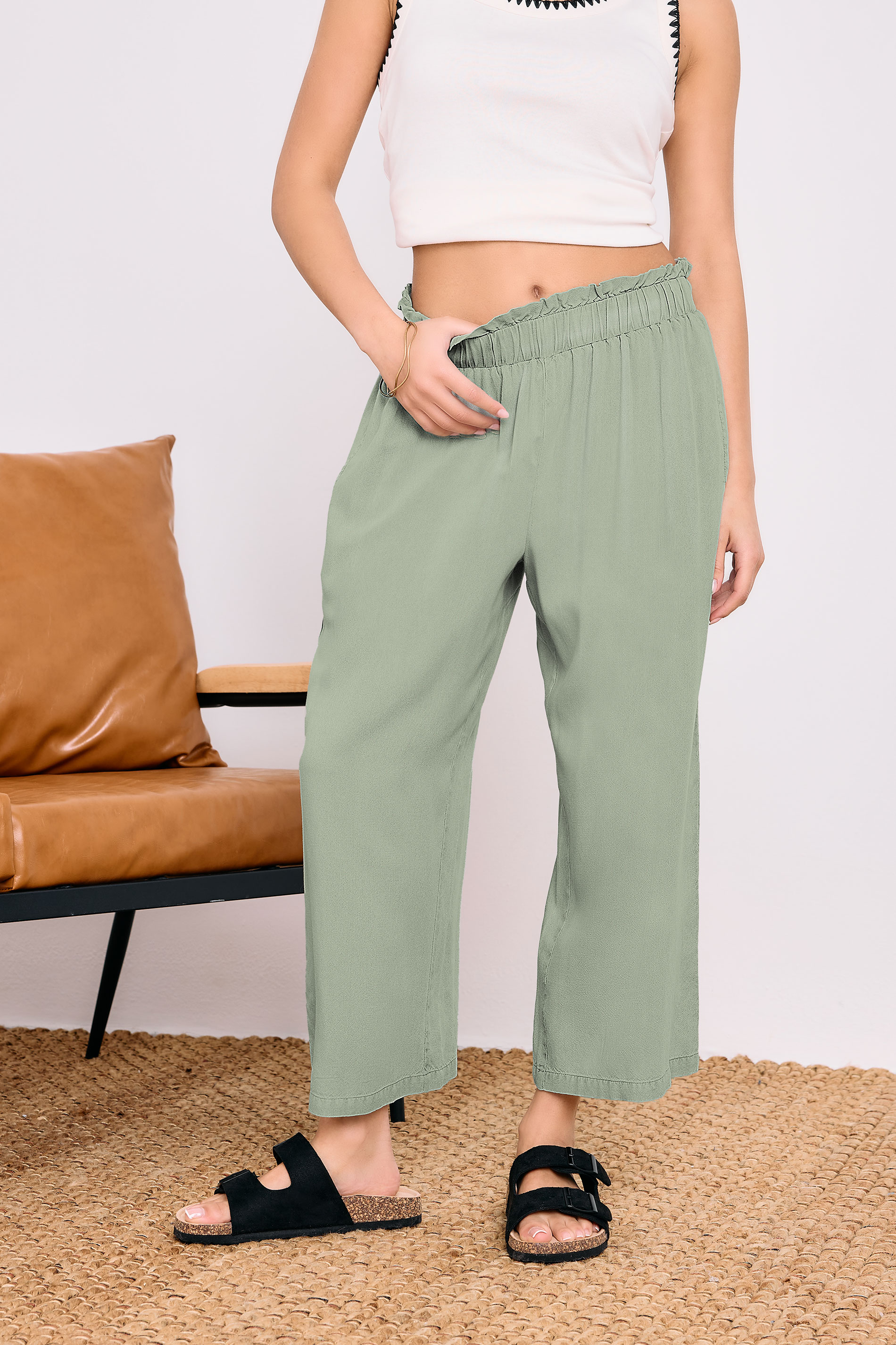 PixieGirl Petite Women's Sage Green Acid Wash Cropped Trousers | PixieGirl 4