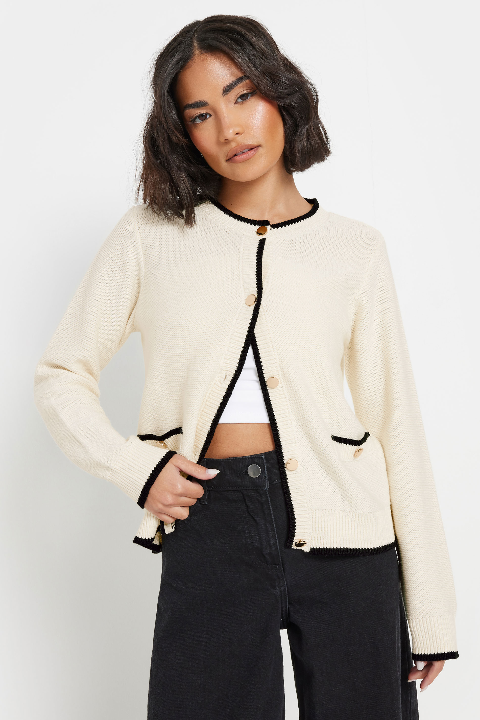 PixieGirl Petite Women's Cream Knitted Contrast Trim Button Cardigan | PixieGirl 2