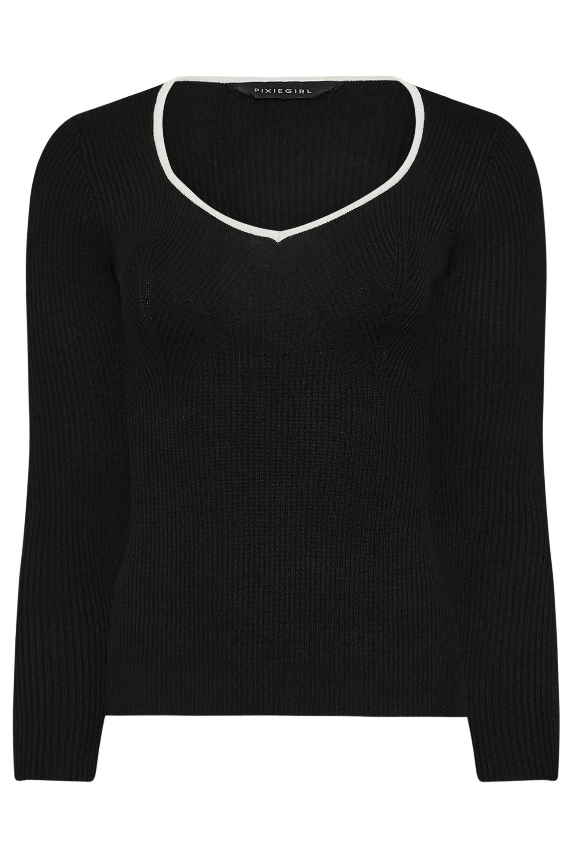 PixieGirl Petite Women's Black Knitted Contrast Sweetheart Neck Top | PixieGirl 5
