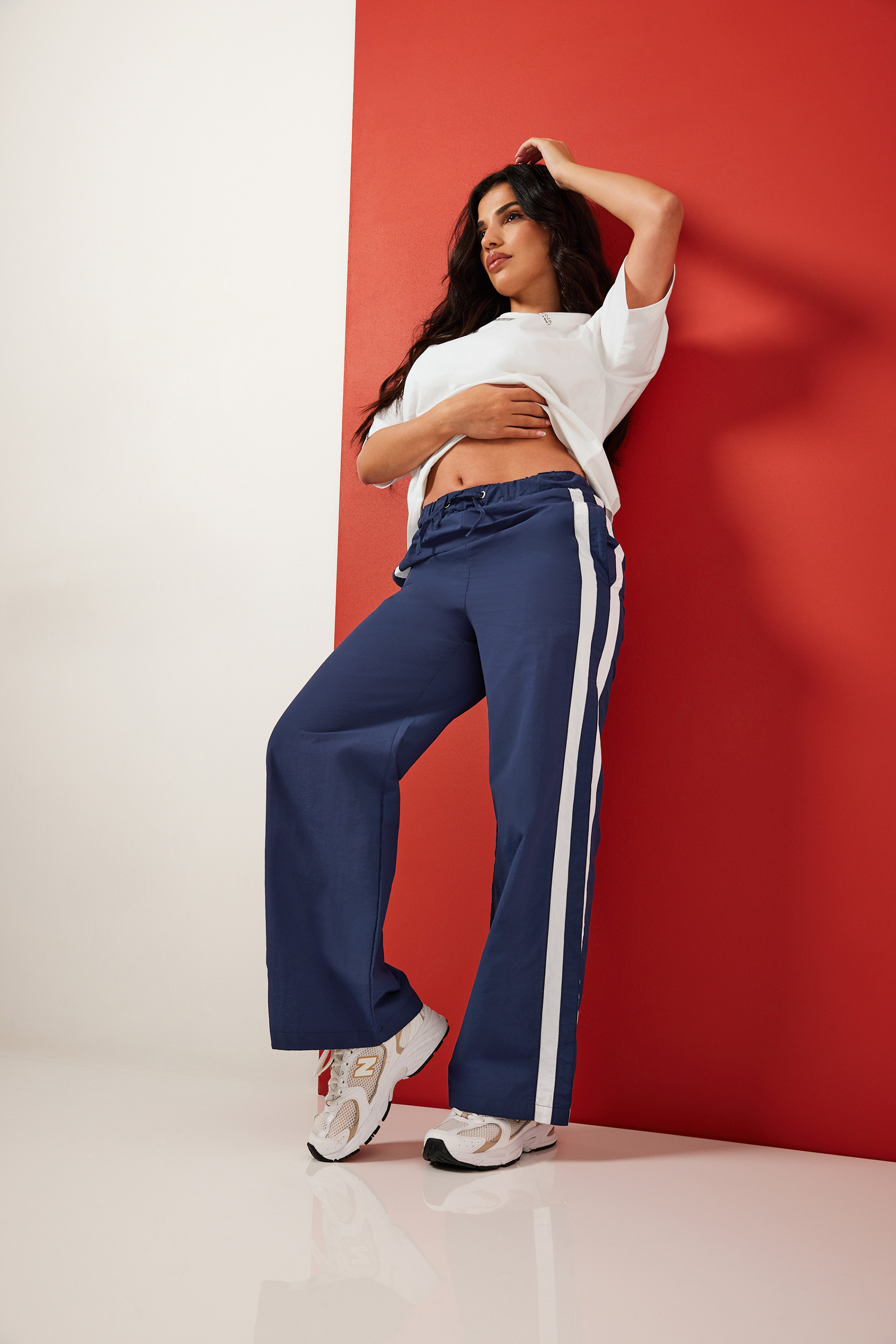 PixieGirl Petite Women's Navy Blue Side Stripe Parachute Wide Leg Trousers | PixieGirl 1