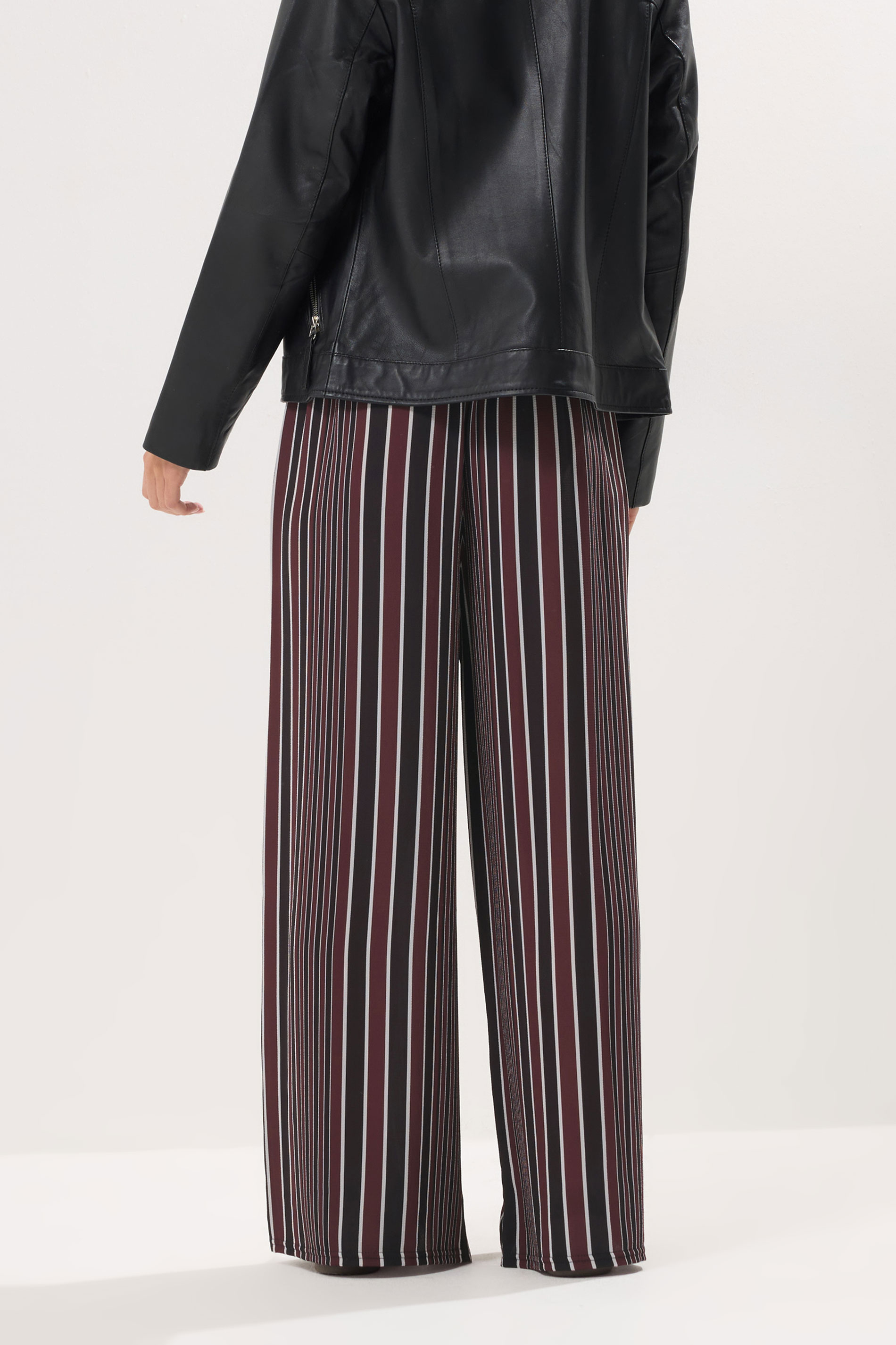 PixieGirl Petite Women's Dark Red Crepe Striped Wide Leg Trousers | PixieGirl 3