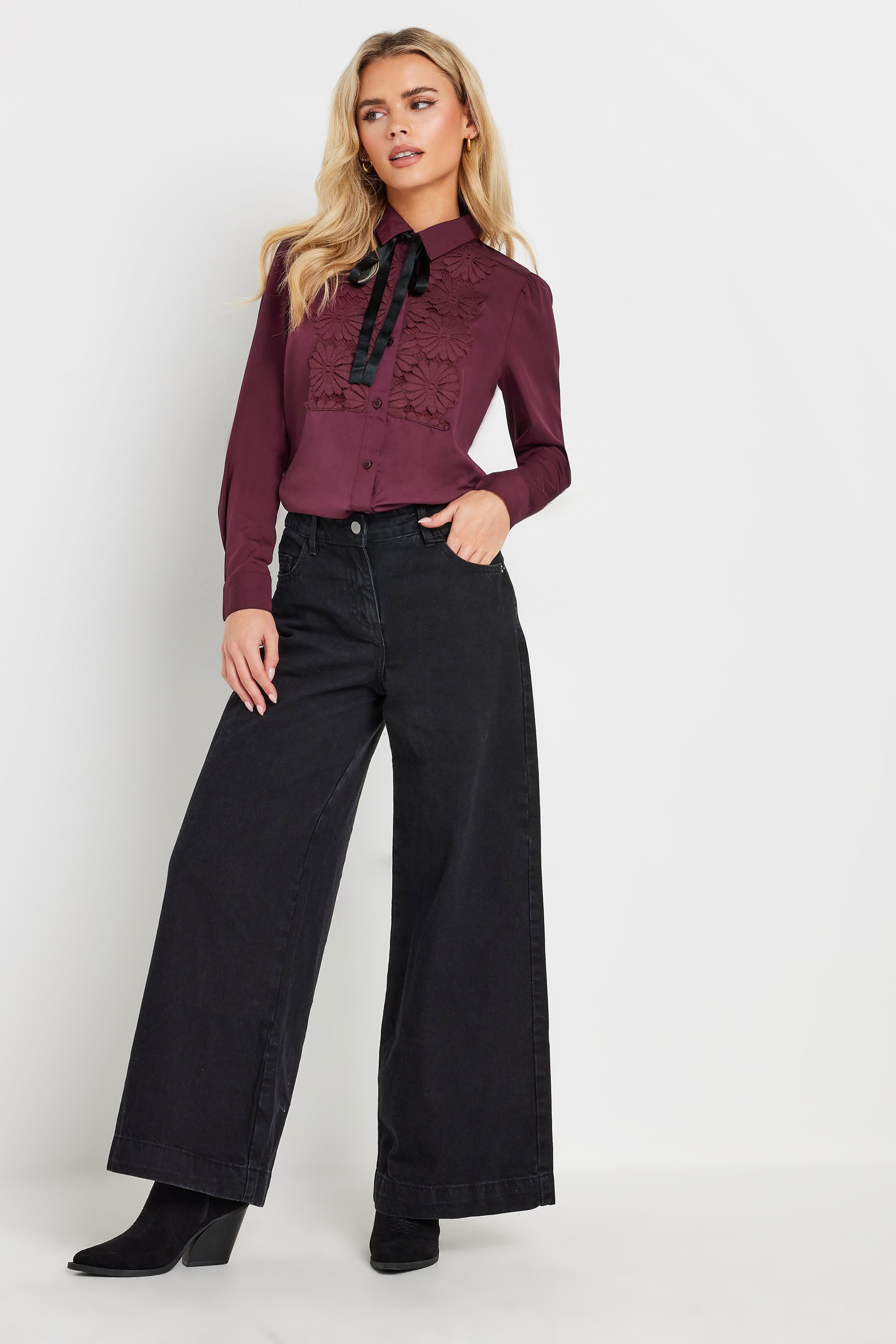 PixieGirl Petite Women's Burgundy Red Lace Trim Tie Neck Shirt | PixieGirl 5