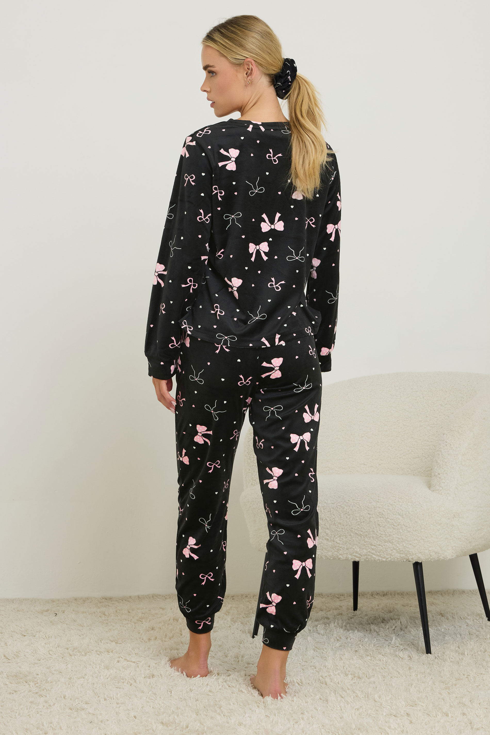 PixieGirl Petite Women's Black Bow Fleece Pyjama & Scrunchie Set | PixieGirl 4