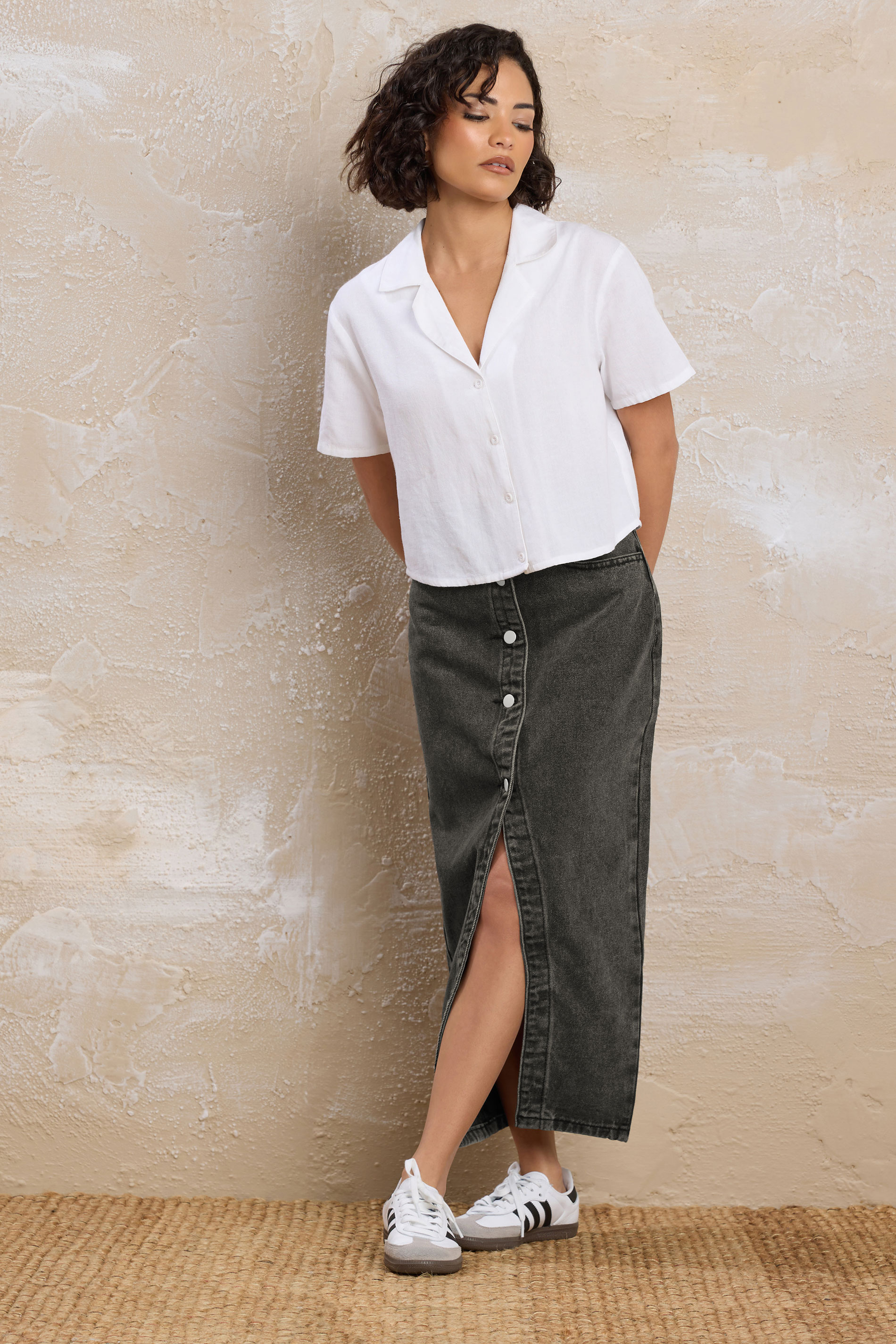 PixieGirl Petite Women's Black Denim Button Midi Skirt | PixieGirl 2