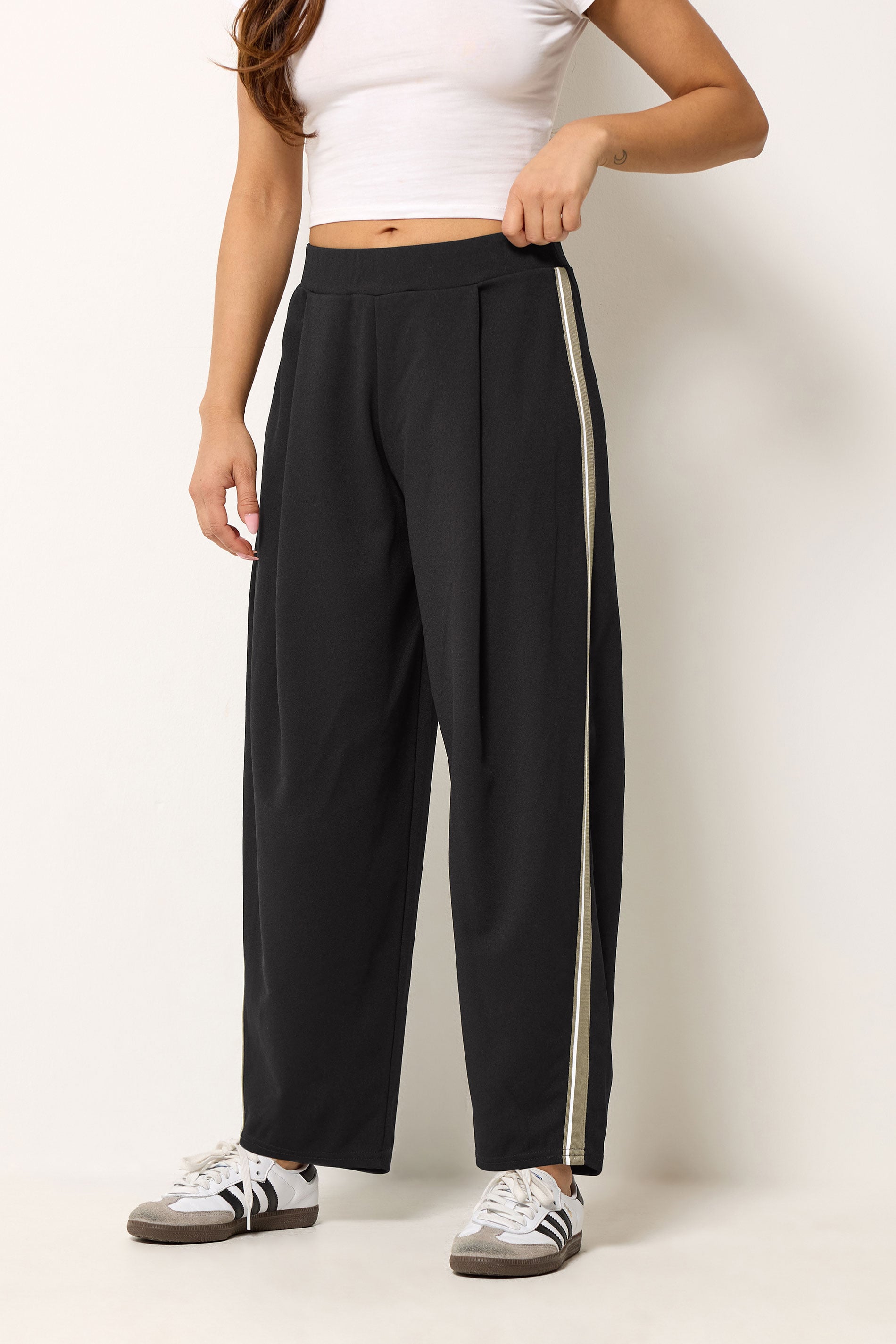 PixieGirl Petite Women's Black Side Stripe Detail Barrel Leg Trousers | PixieGirl 1