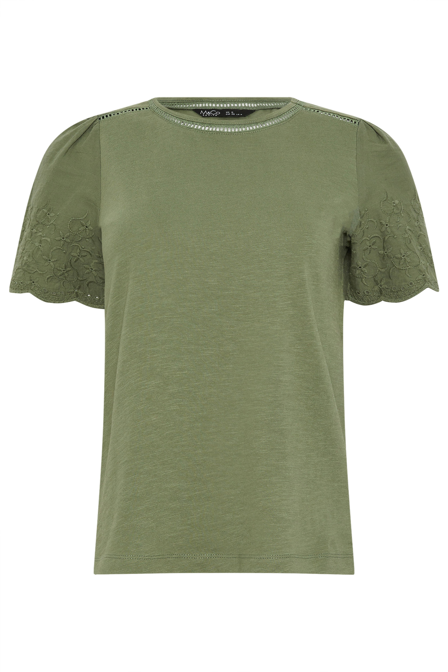 M&Co Petite Khaki Green Embroidered Sleeve Cotton T-Shirt | M&Co 5