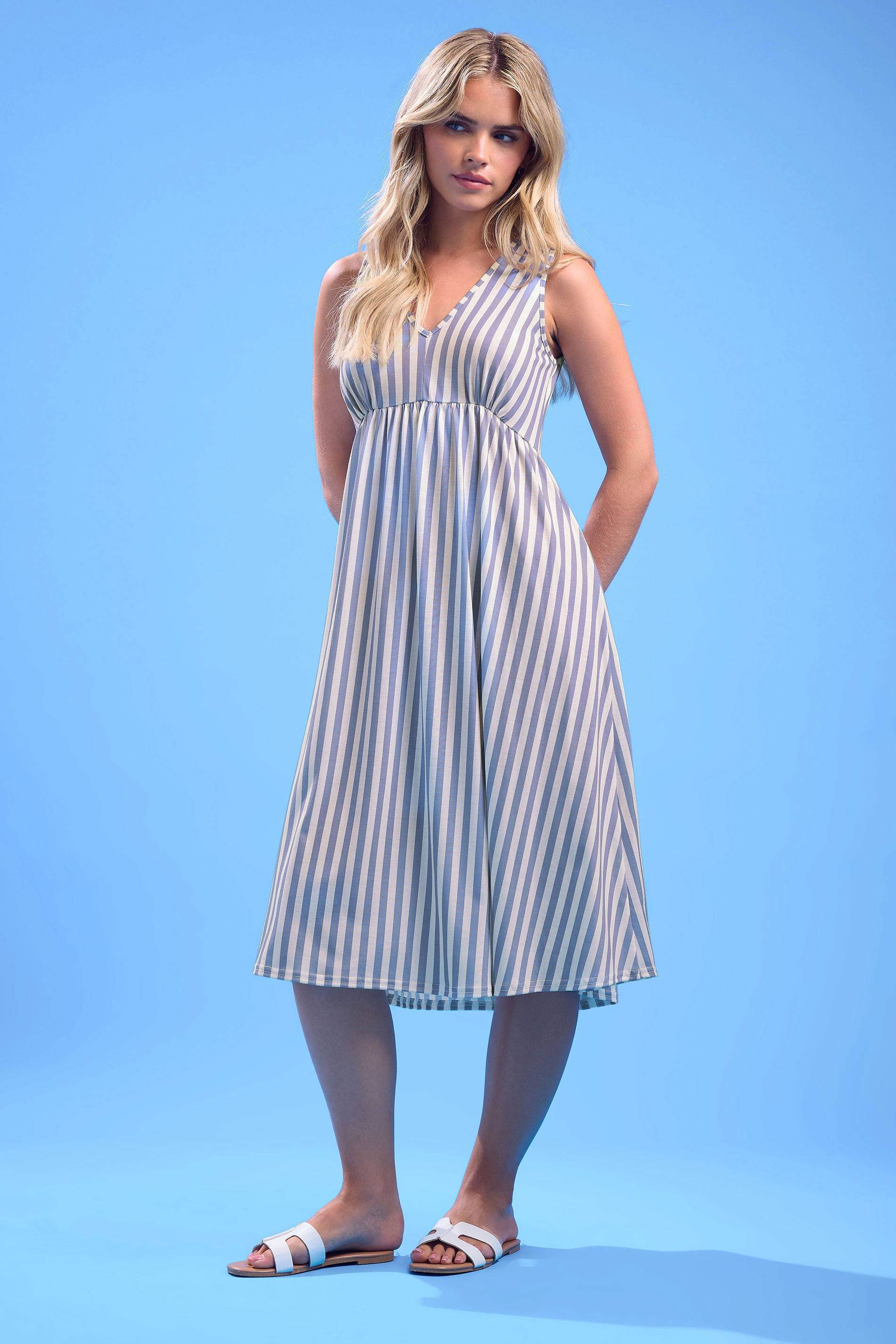 PixieGirl Petite Women's Blue Stripe V-Neck Midi Dress | PixieGirl 3