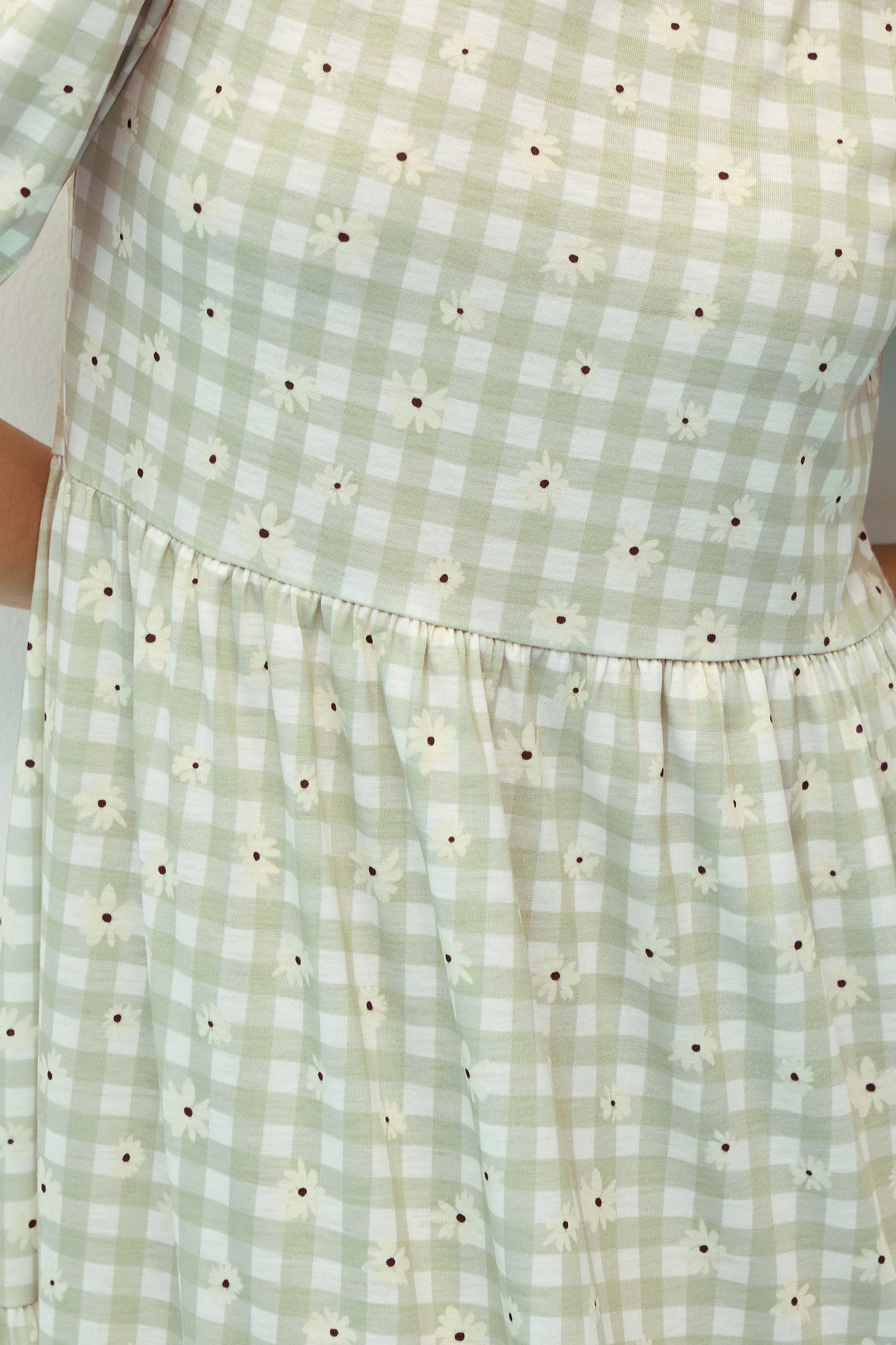 PixieGirl Petite Women's Sage Green Daisy Gingham Tiered Smock Dress | PixieGirl 5