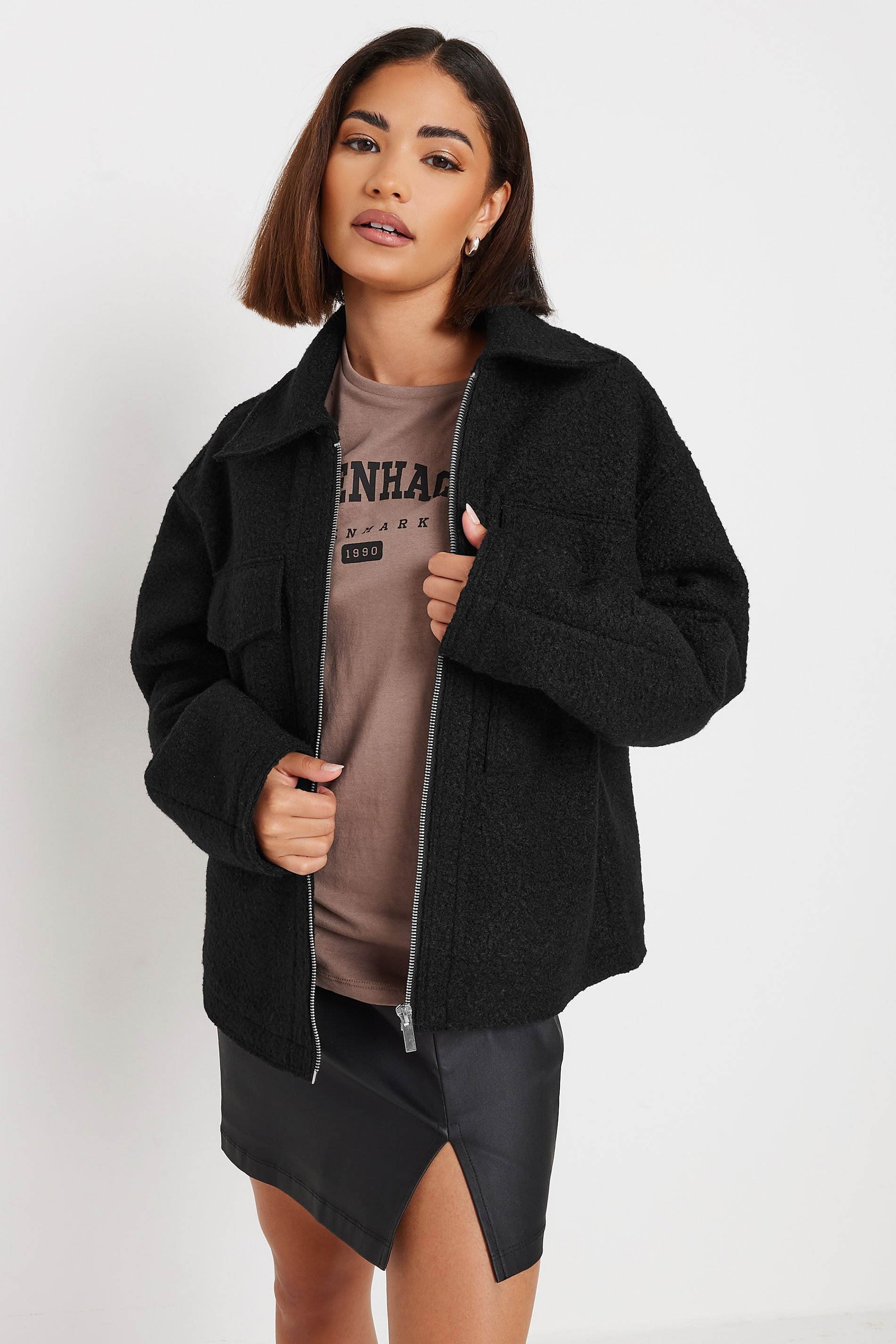 PixieGirl Petite Women's Black Boucle Zip Through Shacket | PixieGirl 2