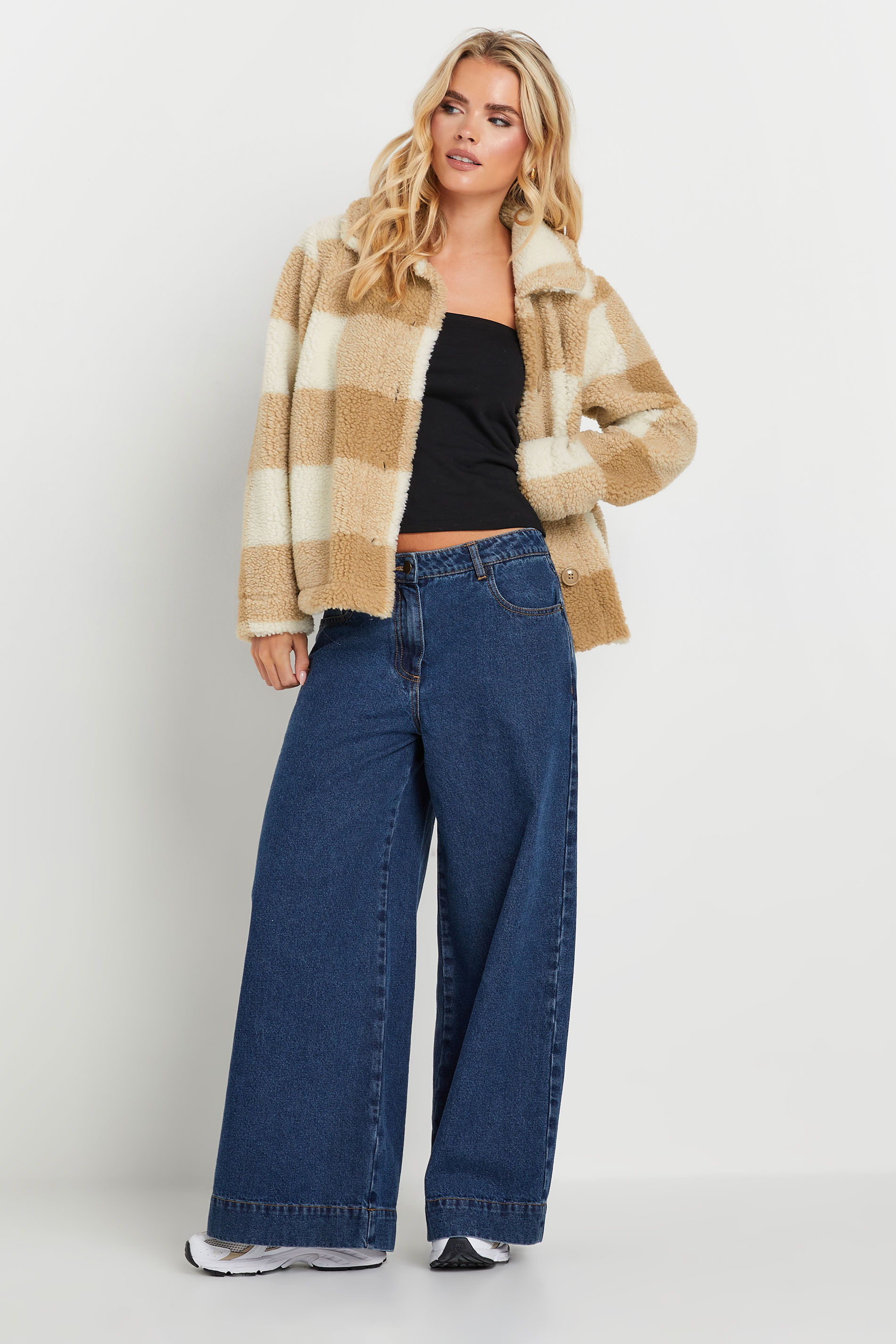 PixieGirl Petite Women's Natural Brown Check Teddy Fleece Jacket | PixieGirl 2