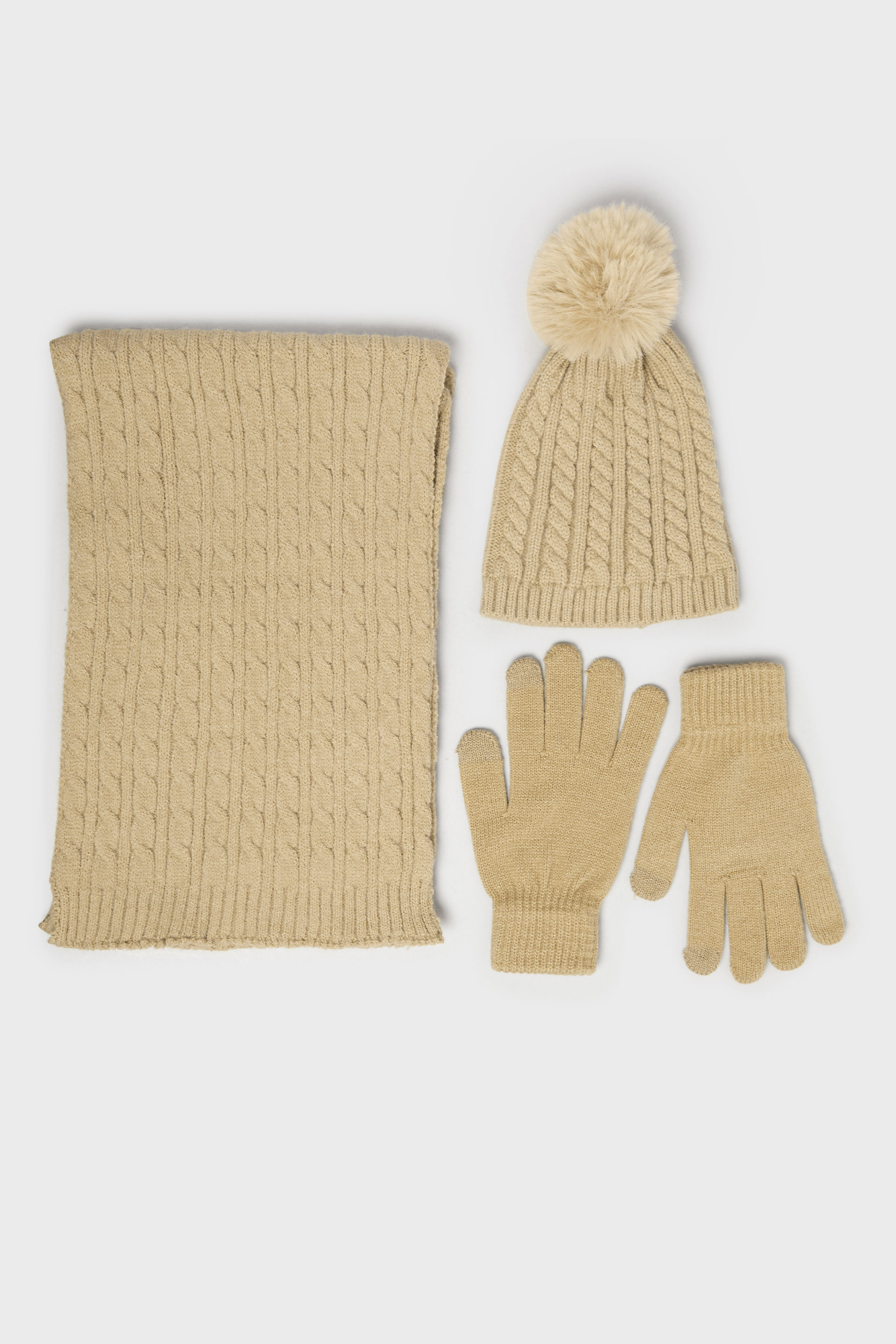 Beige Brown Cable Knit Hat Gloves & Scarf Set | Yours Clothing 2