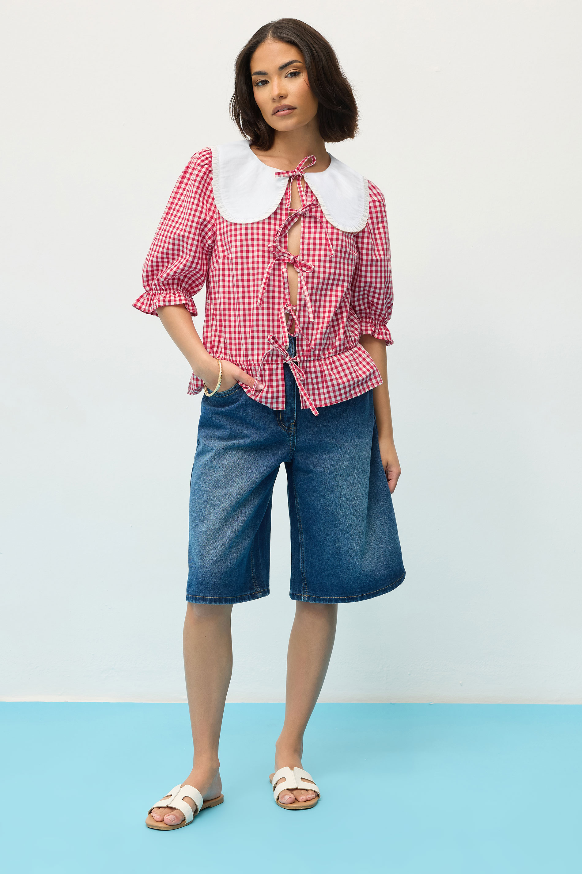 PixieGirl Petite Women's Red Gingham Tie Front Collar Peplum Top | PixieGirl 3