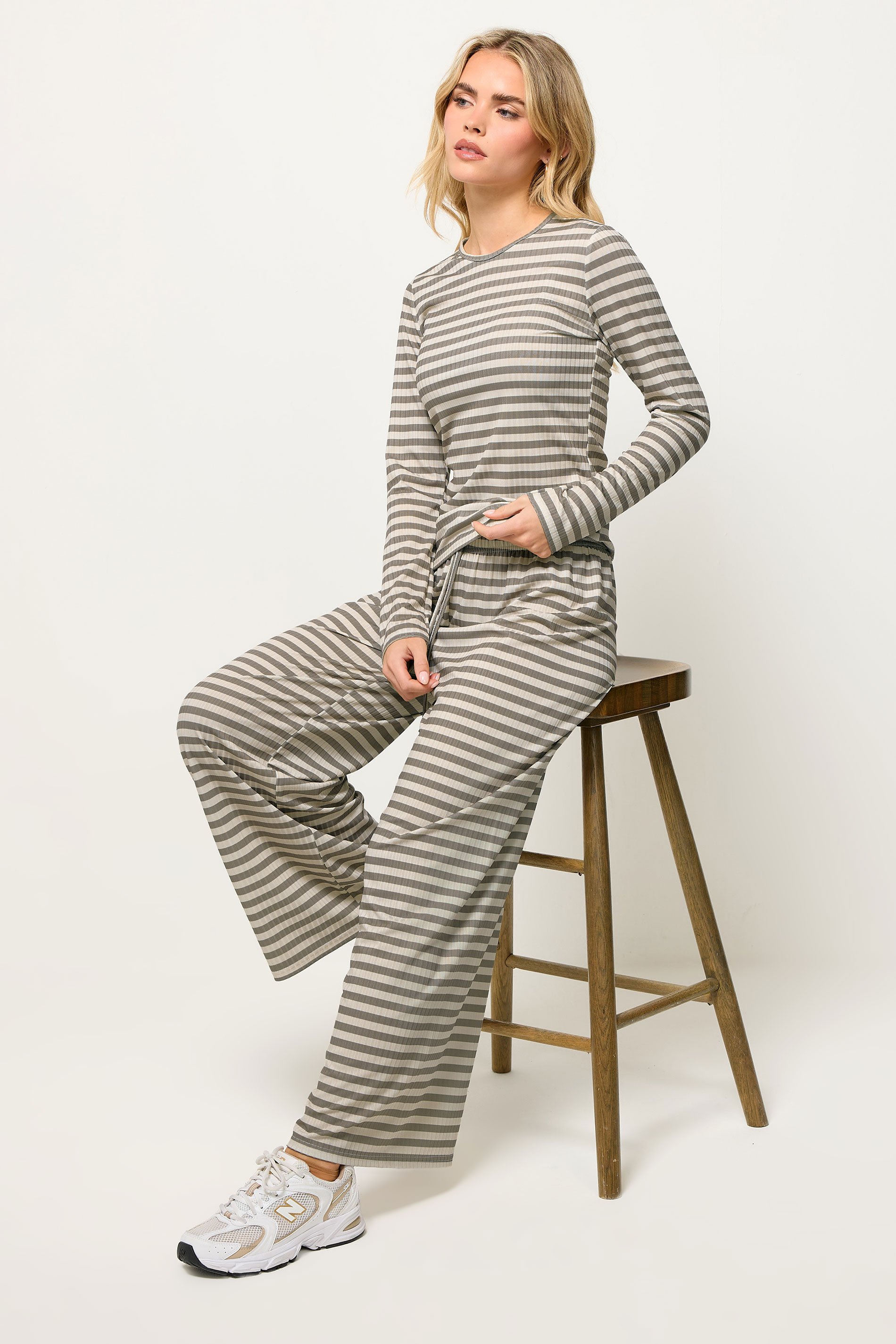 PixieGirl Petite Women's Cream Stripe T-Shirt & Wide Leg Trouser Set | PixieGirl  1