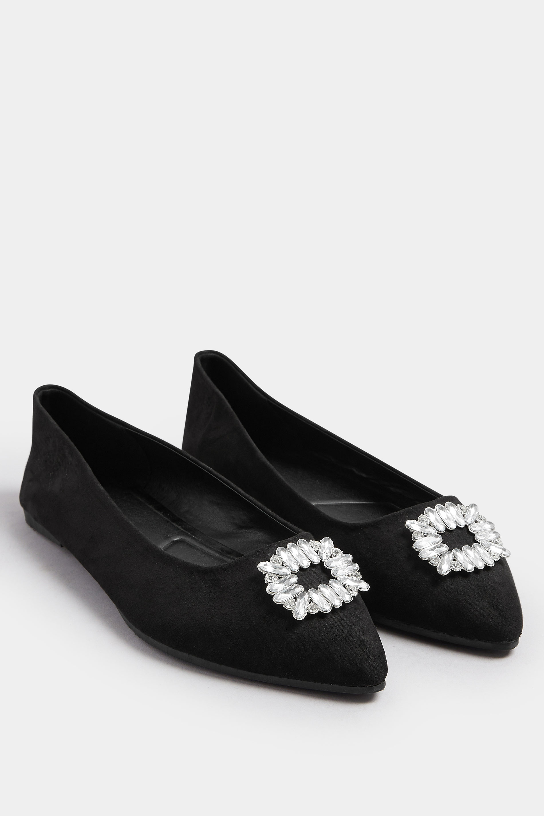 Black Faux Suede Diamante Pointed Ballet Pumps In Extra Wide EEE Fit | Yours Clothing 3
