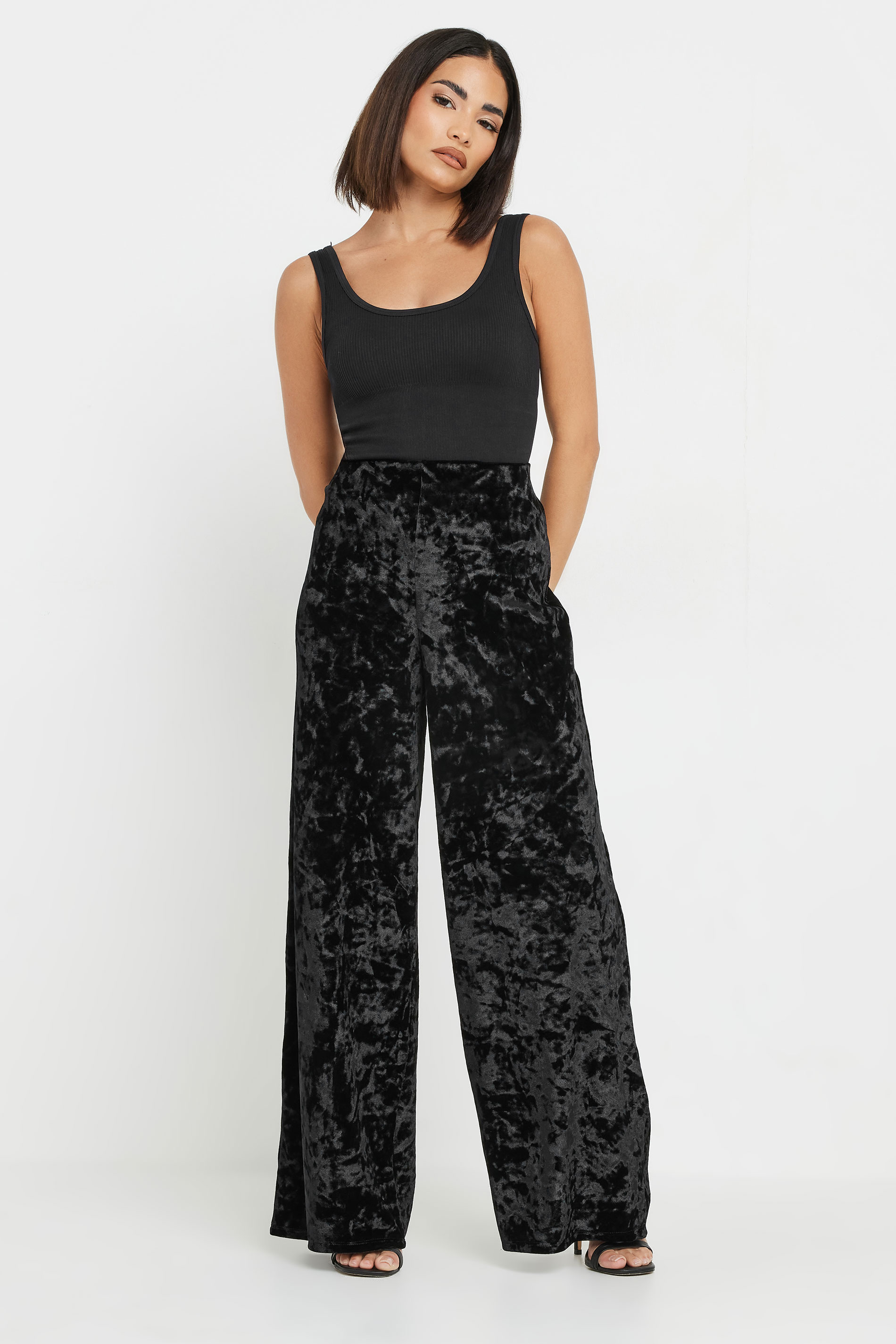 PixieGirl Petite Women's Black Crushed Velour Wide Leg Trousers | PixieGirl 1