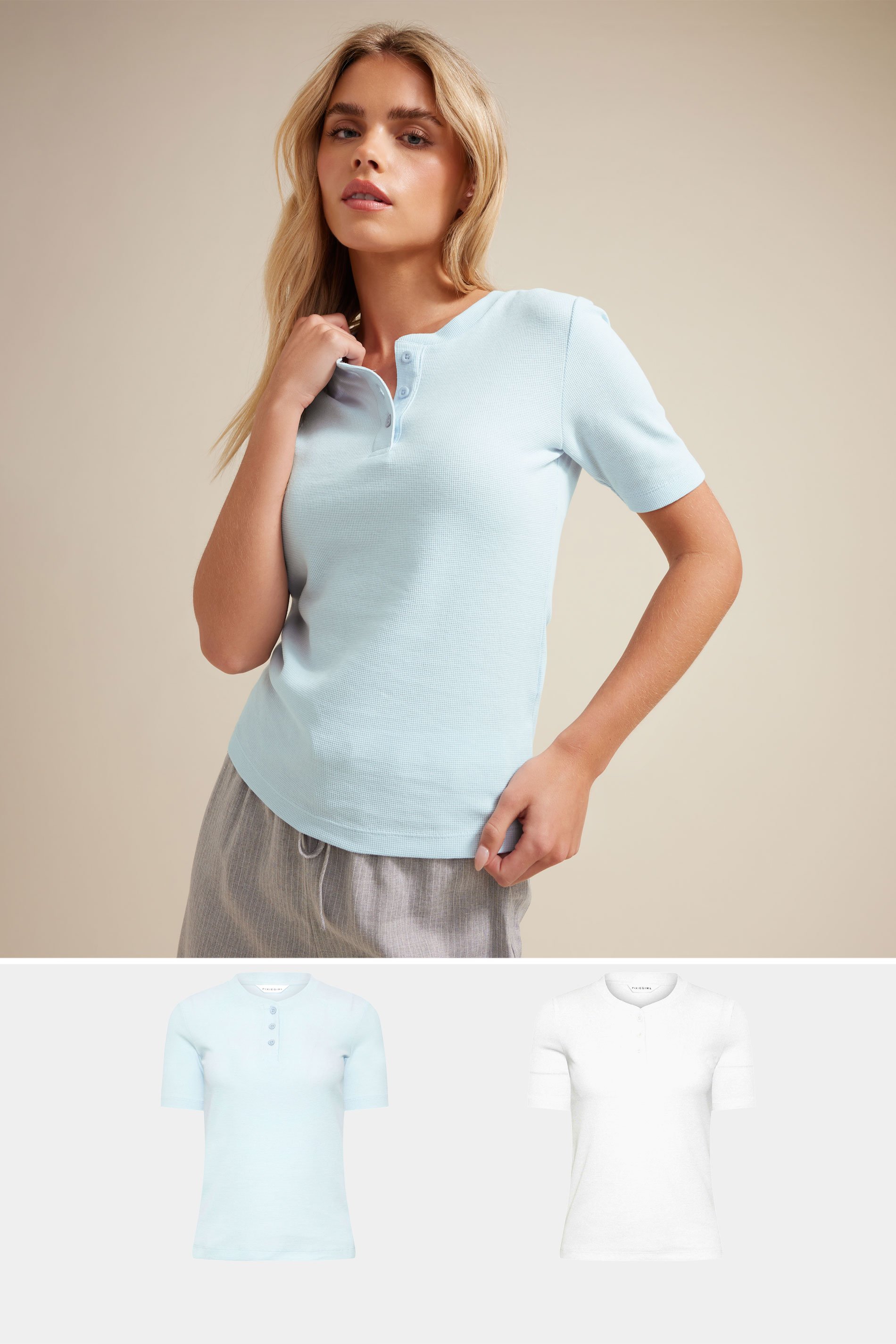 PixieGirl Petite Women's 2 PACK Light Blue & White Waffle Henley T-Shirts | PixieGirl 1