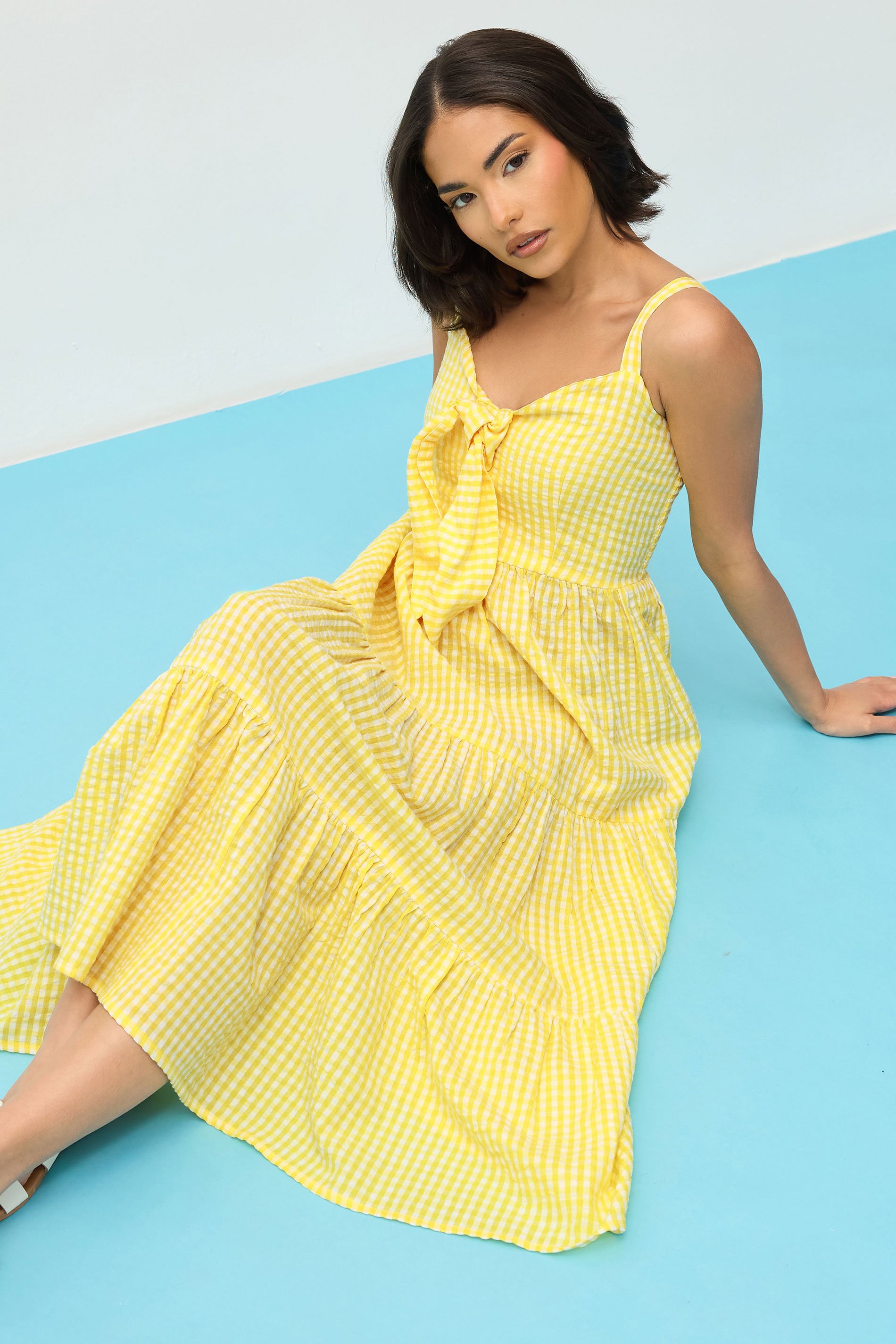 PixieGirl Petite Women's Yellow Gingham Tie Front Midaxi Dress | PixieGirl 2