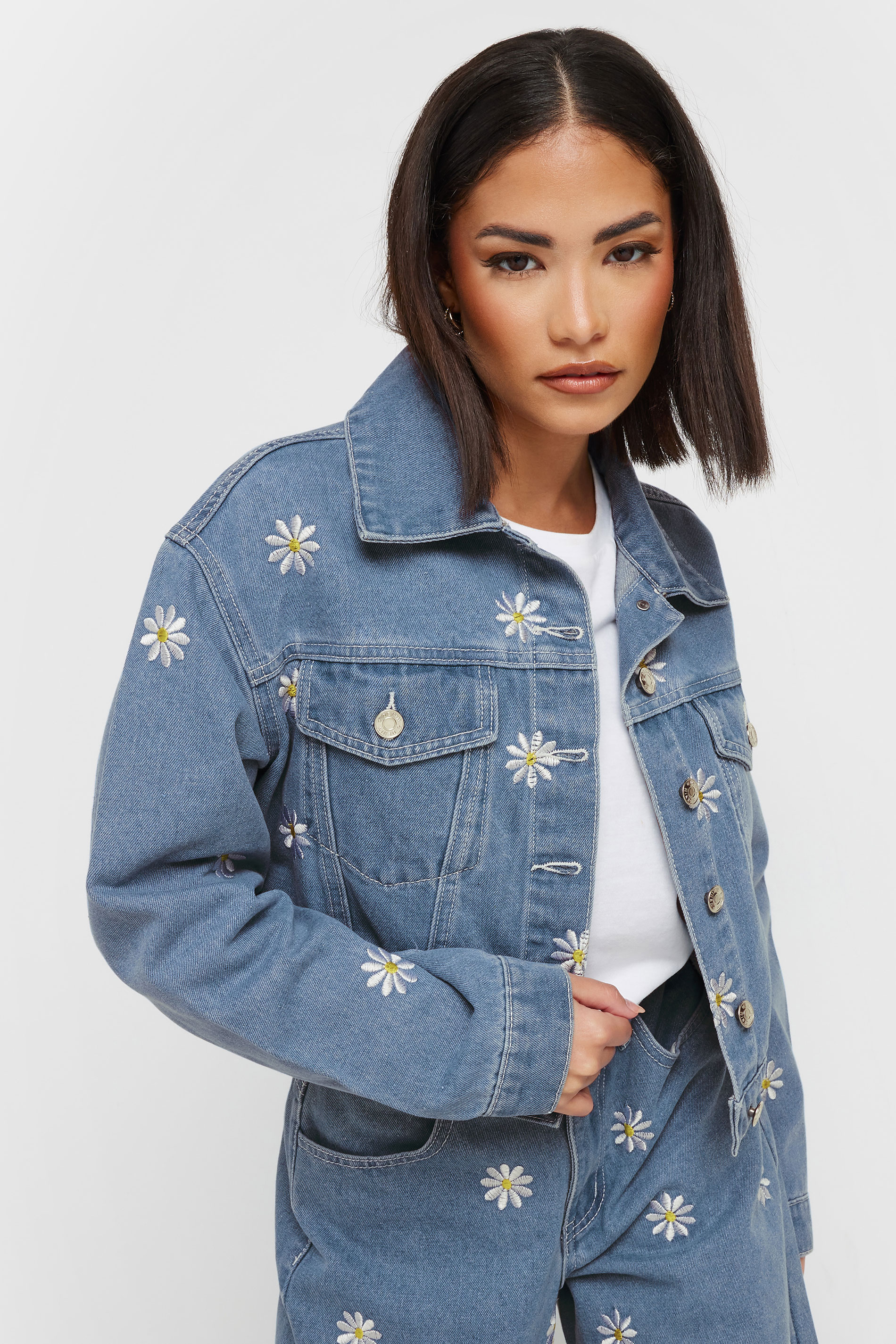PixieGirl Petite Women's Blue Denim Daisy Embroidered Jacket | PixieGirl 2