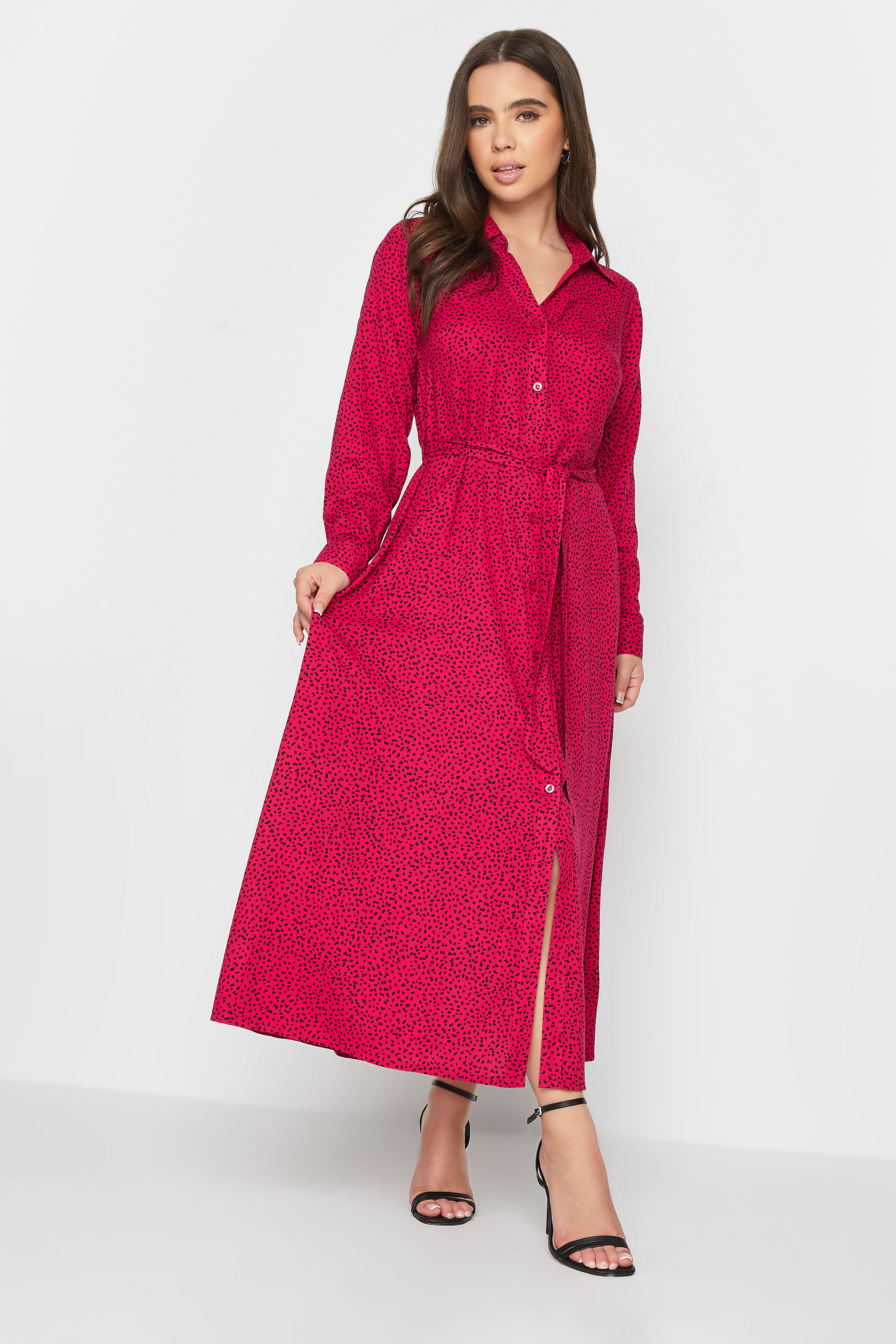 Petite Red Dalmatian Print Long Sleeve Maxi Shirt Dress | PixieGirl 1