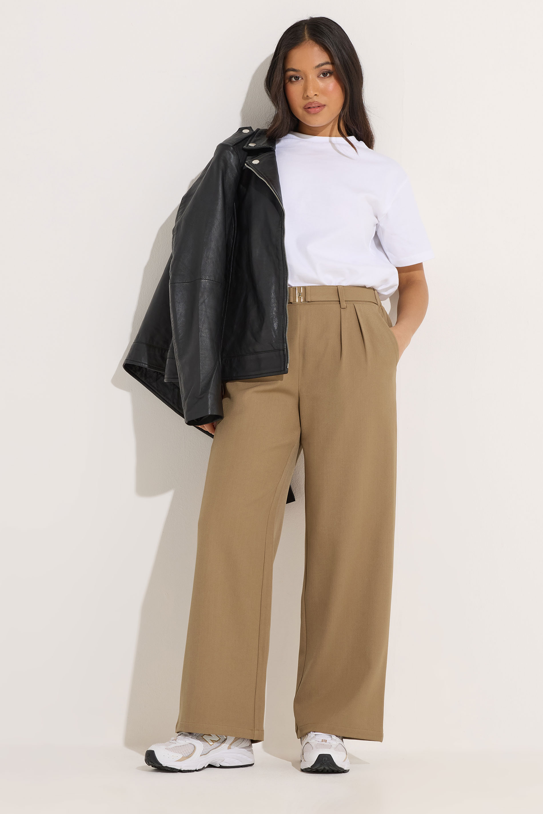 PixieGirl Petite Women's Natural Brown Buckle Wide Leg Trousers | PixieGirl 3