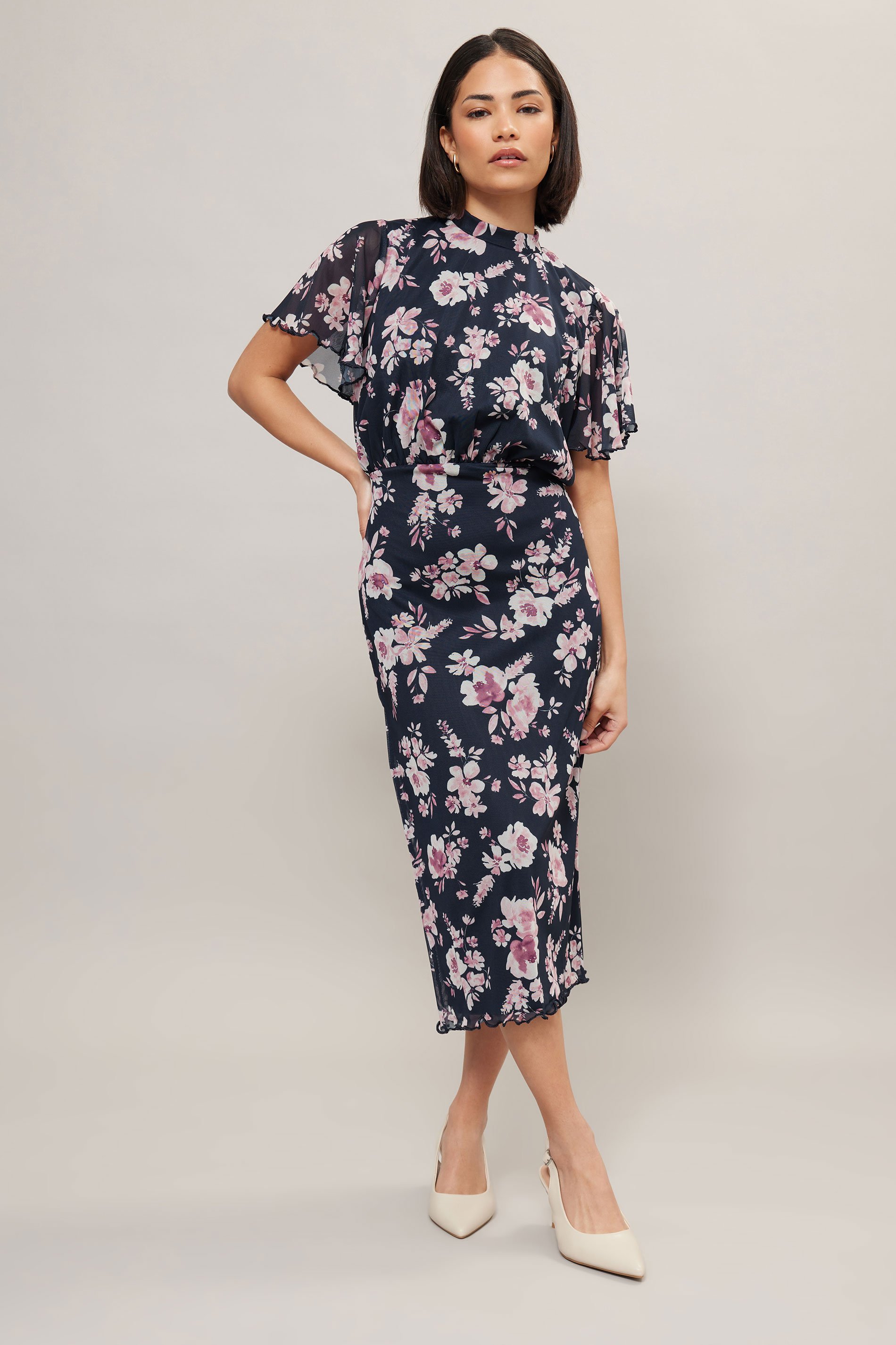 PixieGirl Petite Women's Navy Blue Floral Print Flutter Sleeve Dress | PixieGirl 3