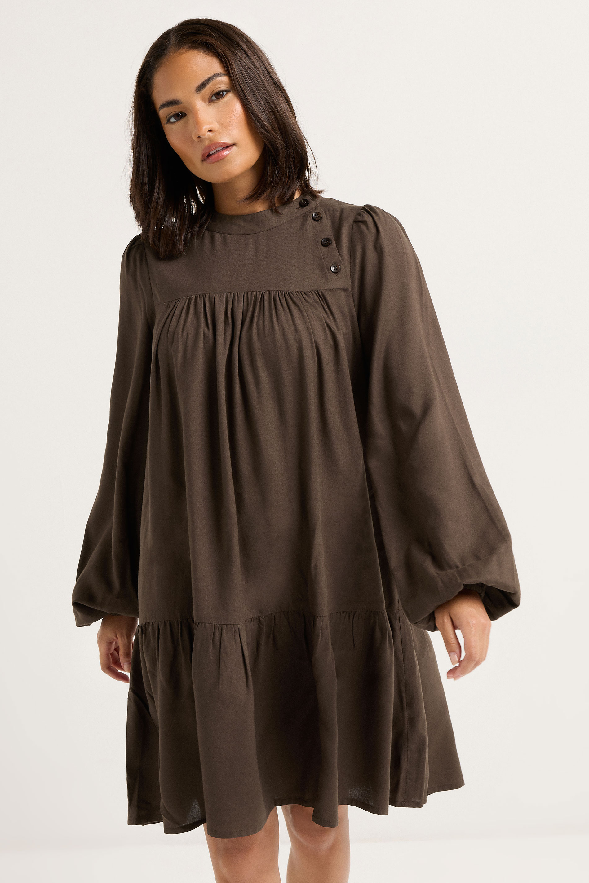 PixieGirl Petite Women's Chocolate Brown Button Smock Midi Dress | PixieGirl 2