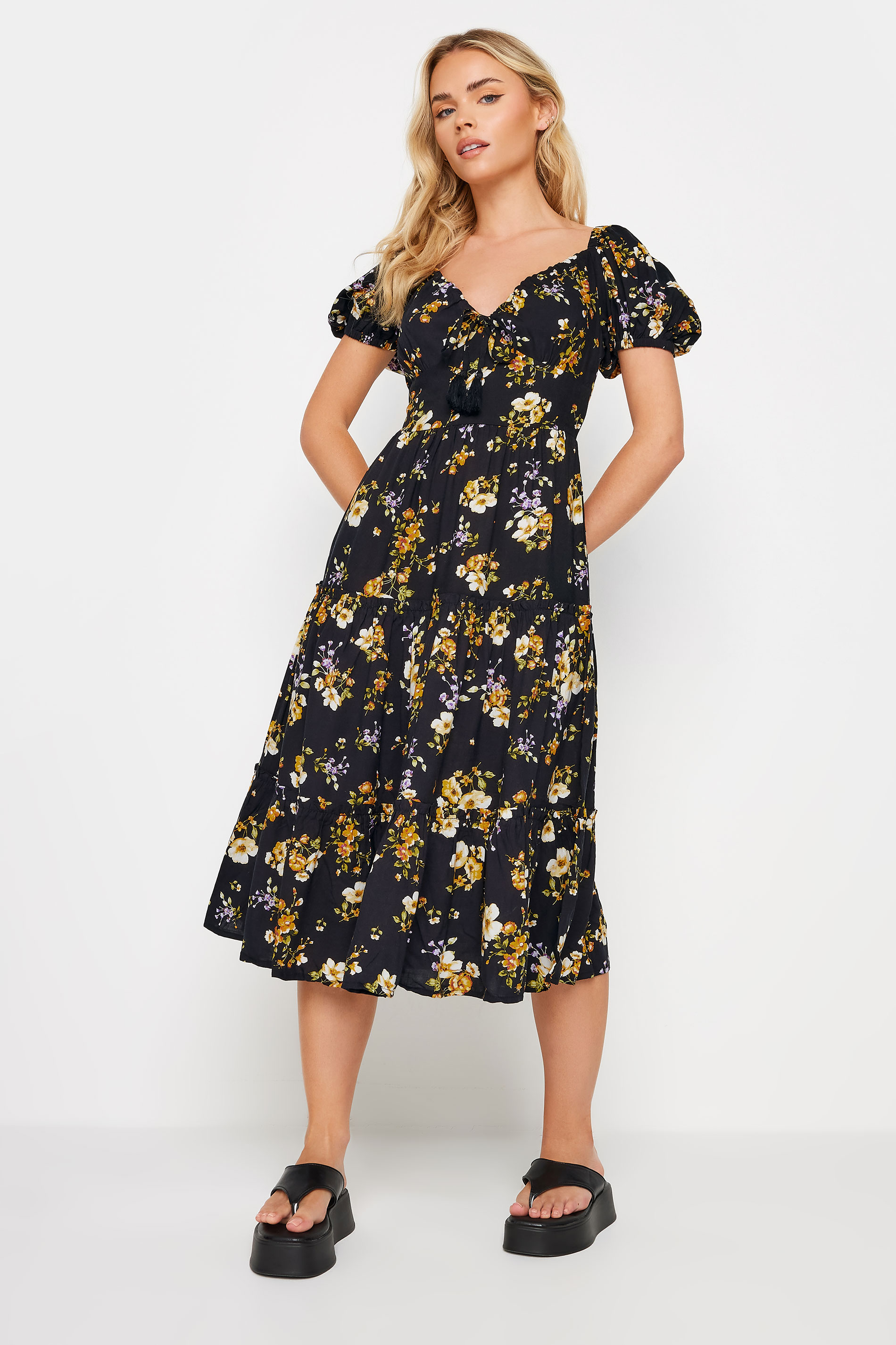 PixieGirl Petite Black Floral Print Milkmaid Midi Dress | PixieGirl 1
