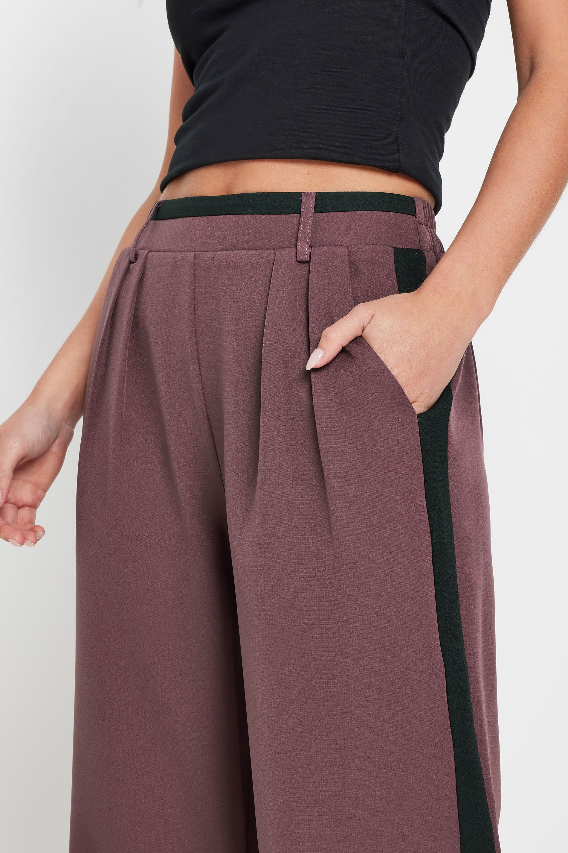 PixieGirl Petite Women's Purple Side Stripe Contrast Waist Wide Leg Trousers | PixieGirl 4