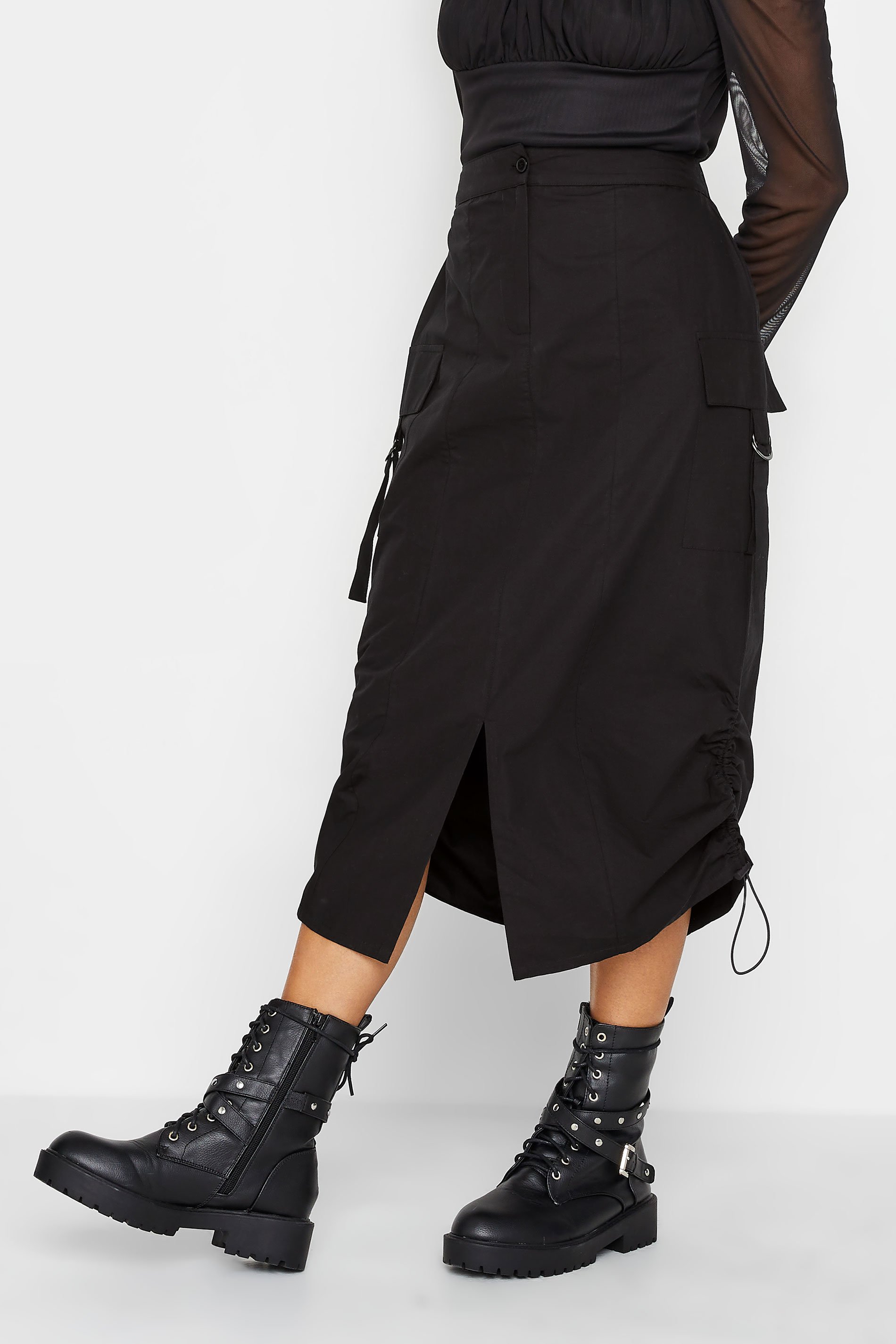 PixieGirl Black Cargo Ruched Midi Skirt | PixieGirl  1