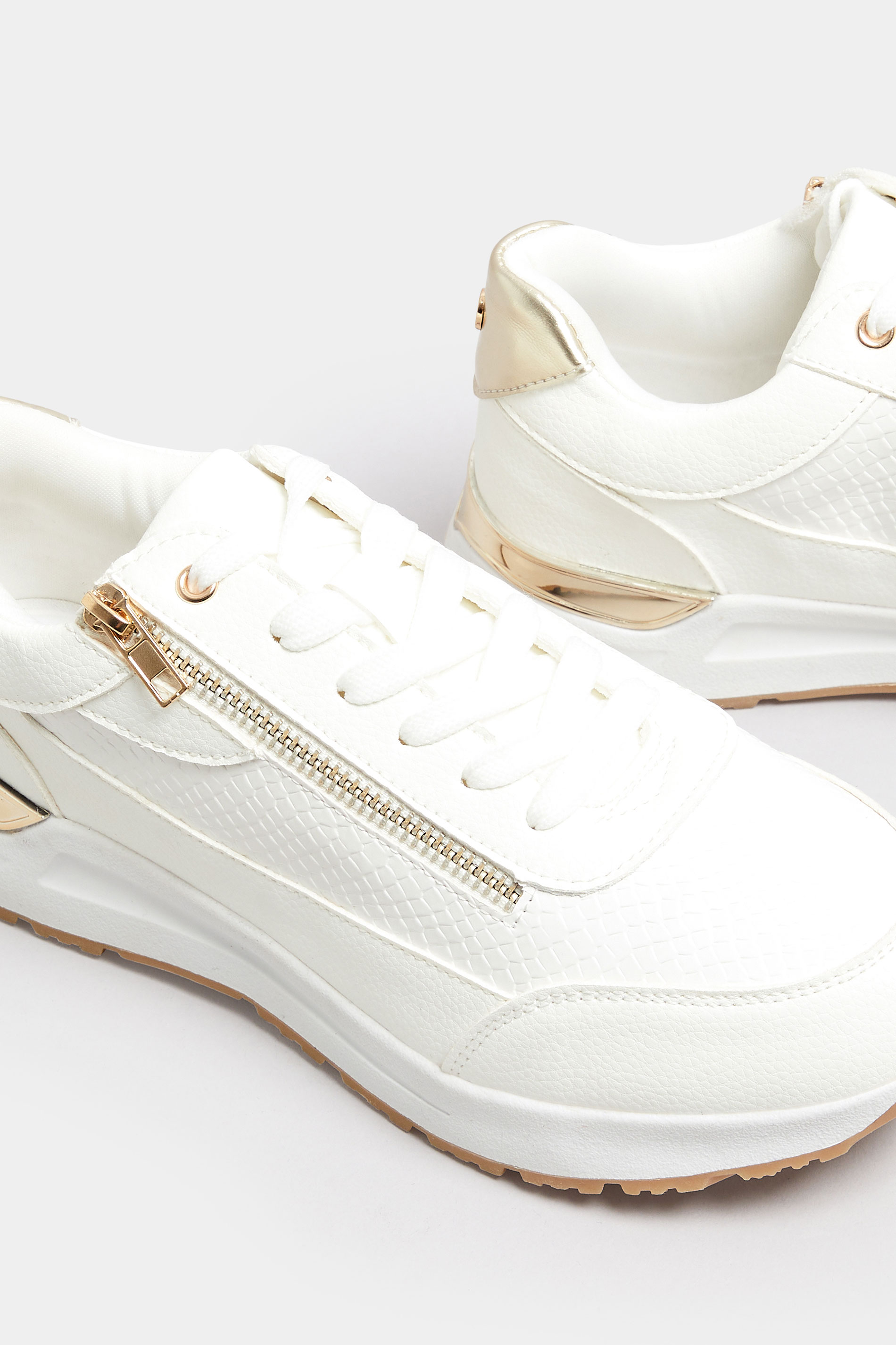 White & Gold Zip Detail Trainers In Wide E Fit | Yours Clothing  5