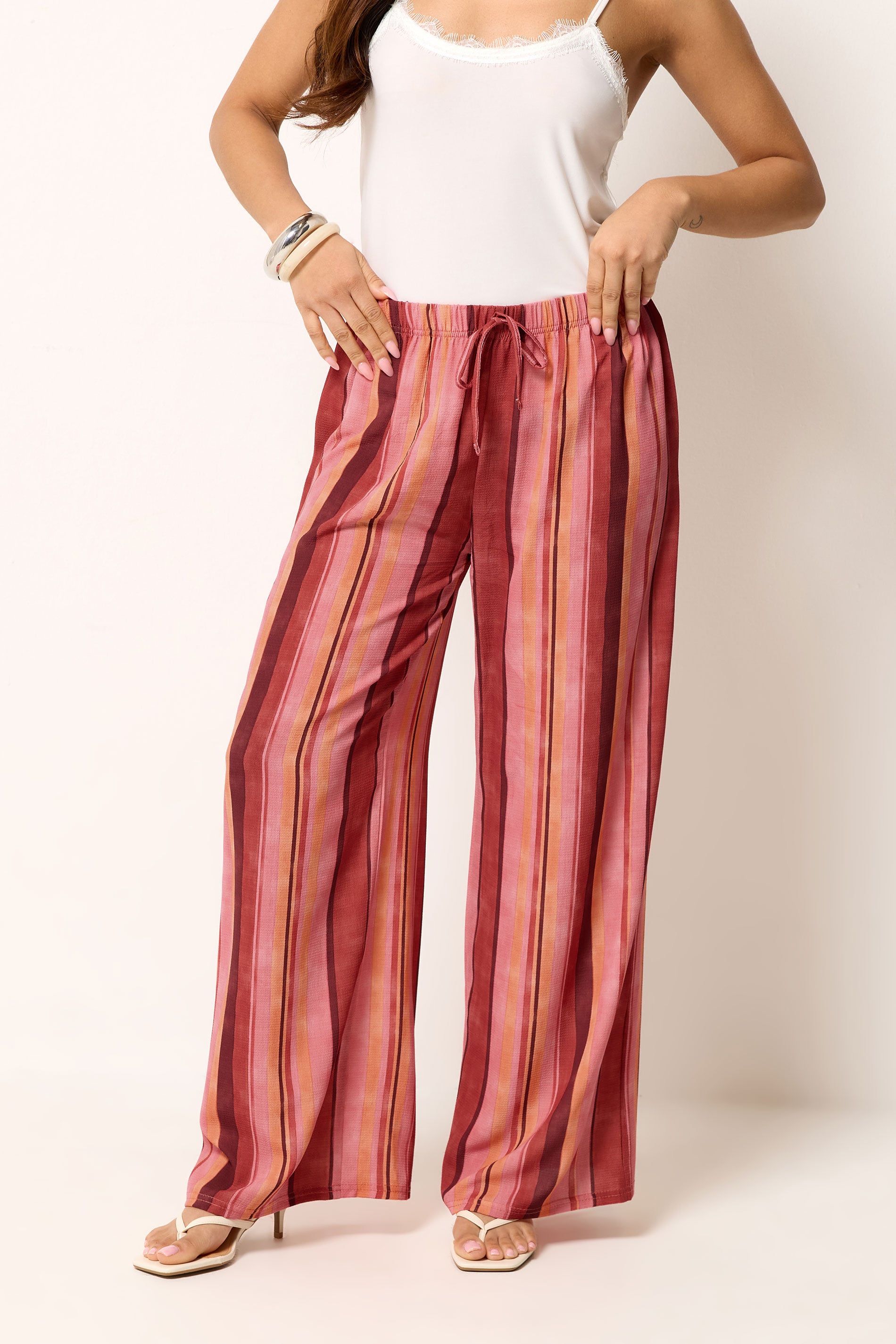 PixieGirl Petite Red Striped Wide Leg Trousers | PixieGirl 1