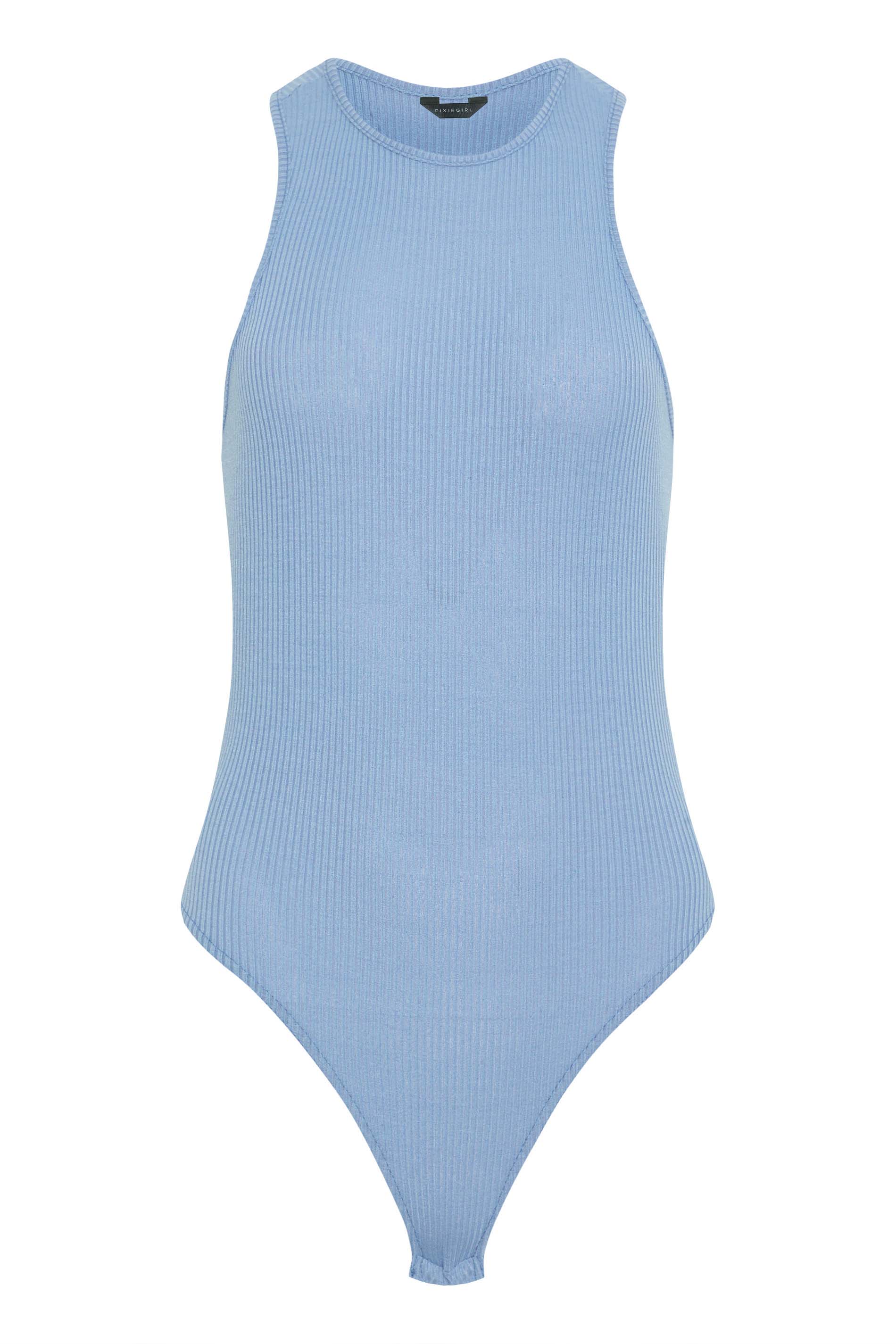 Petite Blue Ribbed Racer Back Bodysuit | PixieGirl 6