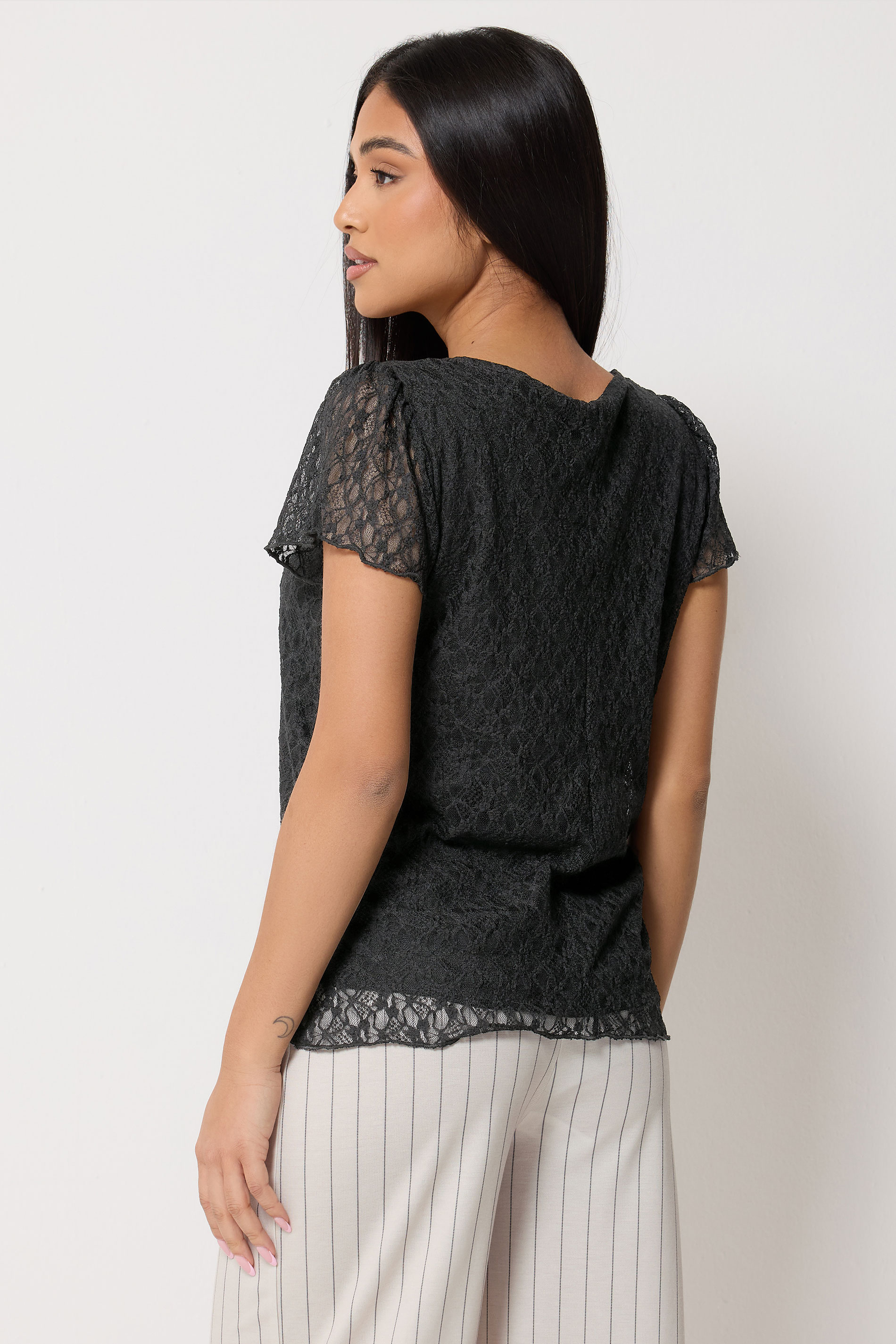 M&Co Petite Black Lace Short Sleeve V-Neck Top | M&Co 2