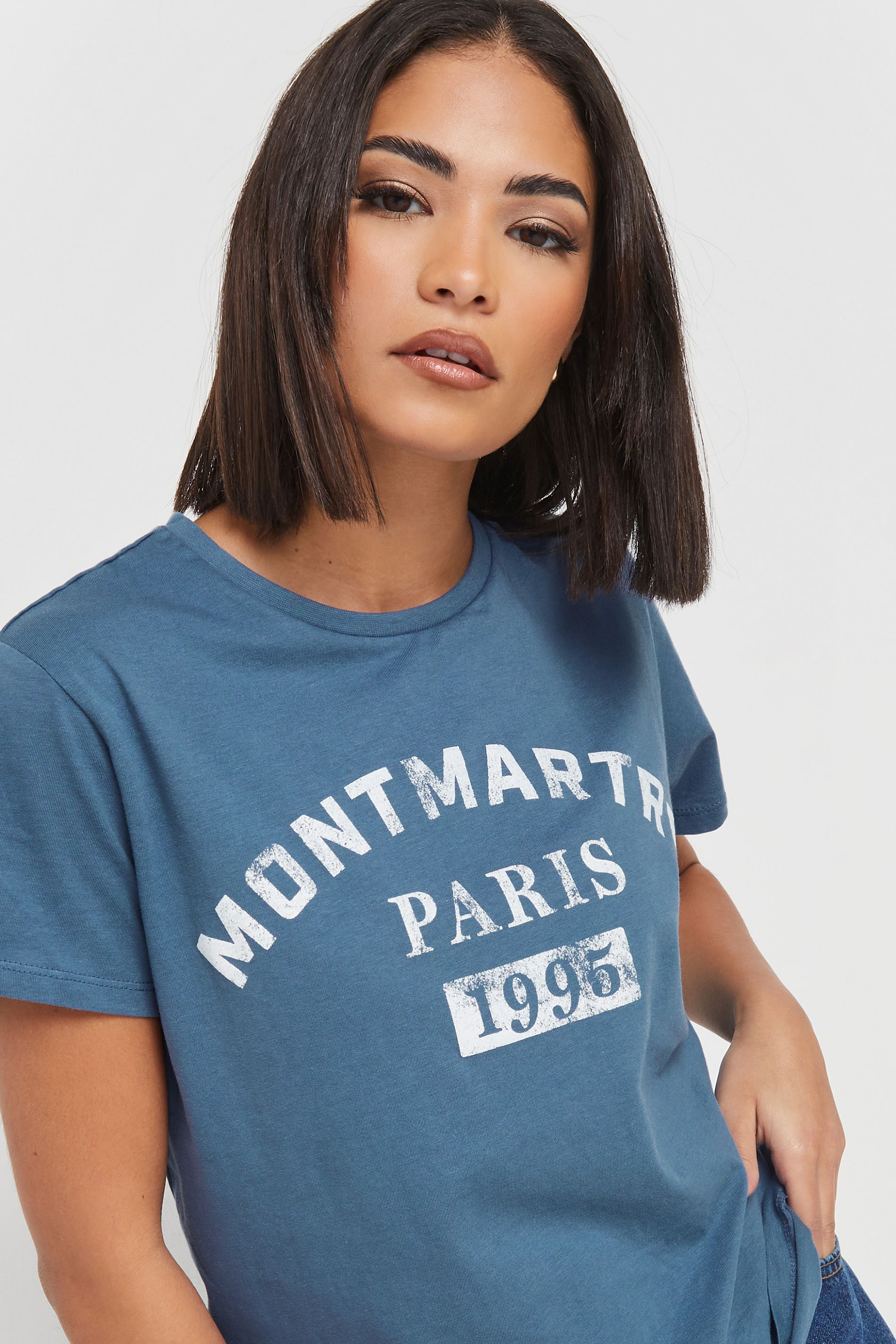 PixieGirl Petite Women's Blue Acid Wash Slogan T-Shirt | PixieGirl 5