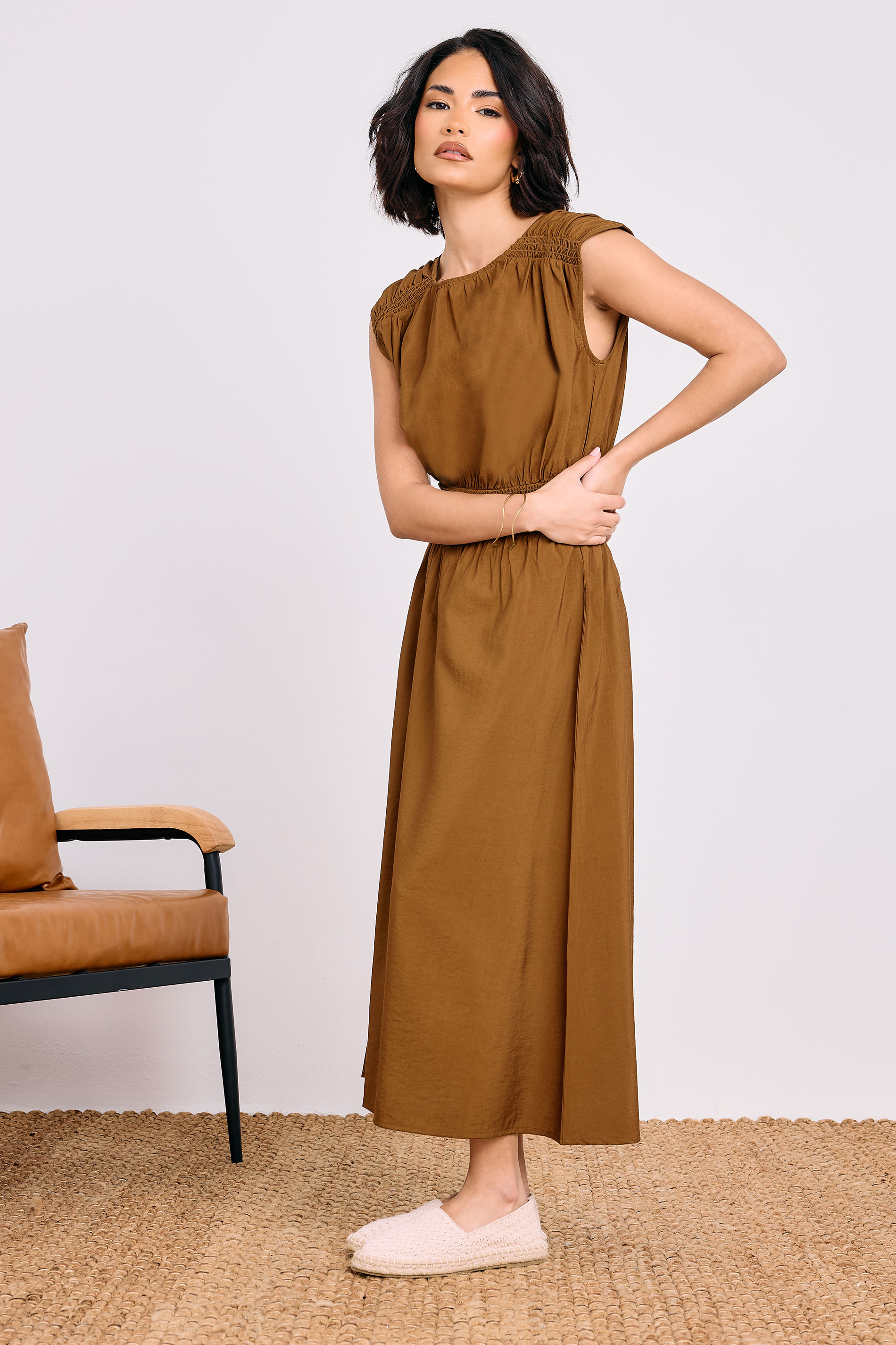 PixieGirl Petite Women's Brown Shirred Waist Midaxi Dress | PixieGirl 5