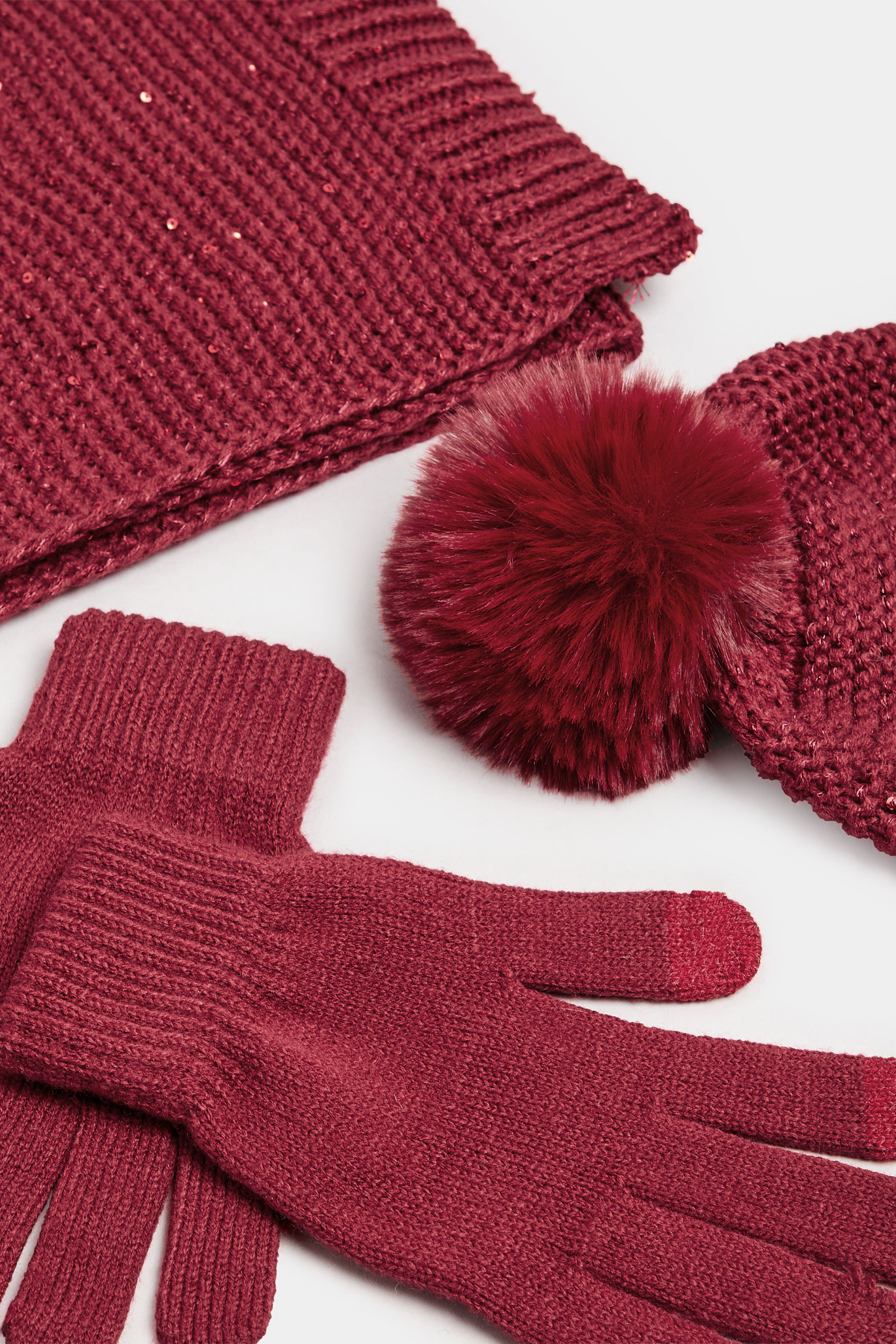 Red Sequin Knitted Hat Gloves & Scarf Set | Yours Clothing 3