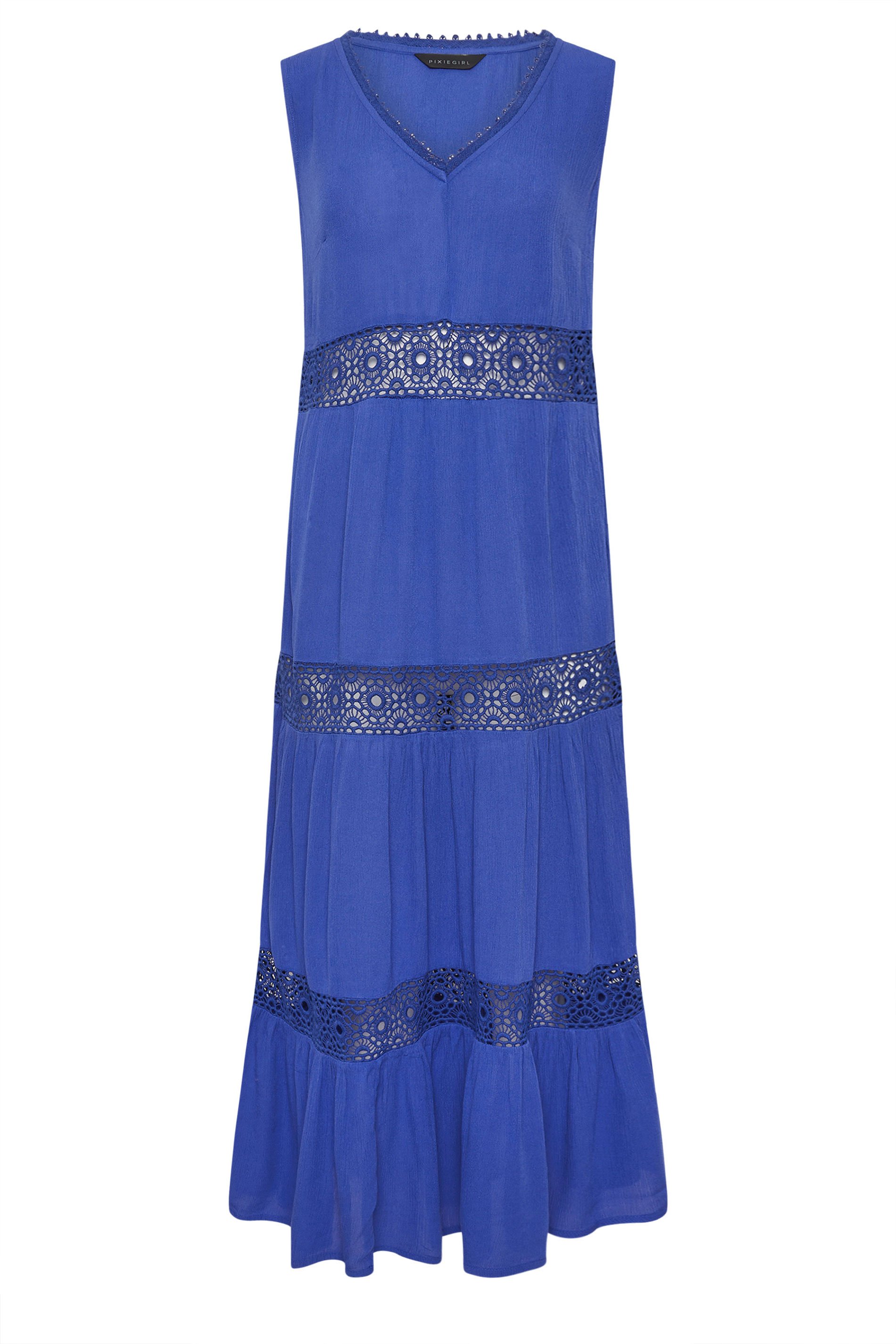PixieGirl Petite Women's Blue Crochet Trim Tiered Maxi Dress | PixieGirl 5