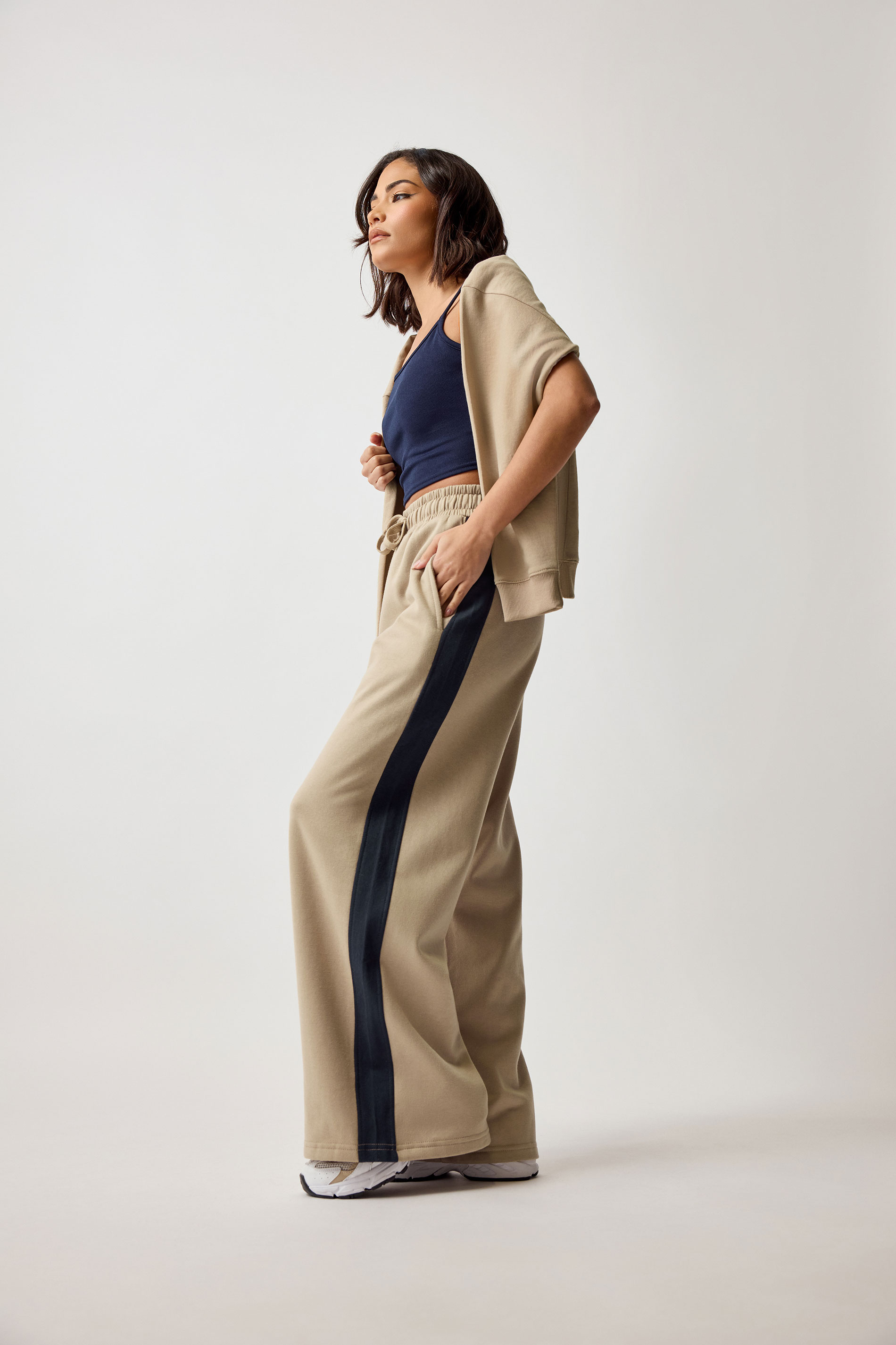 PixieGirl Petite Women's Beige Brown Side Striped Wide Leg Jogger | PixieGirl 6