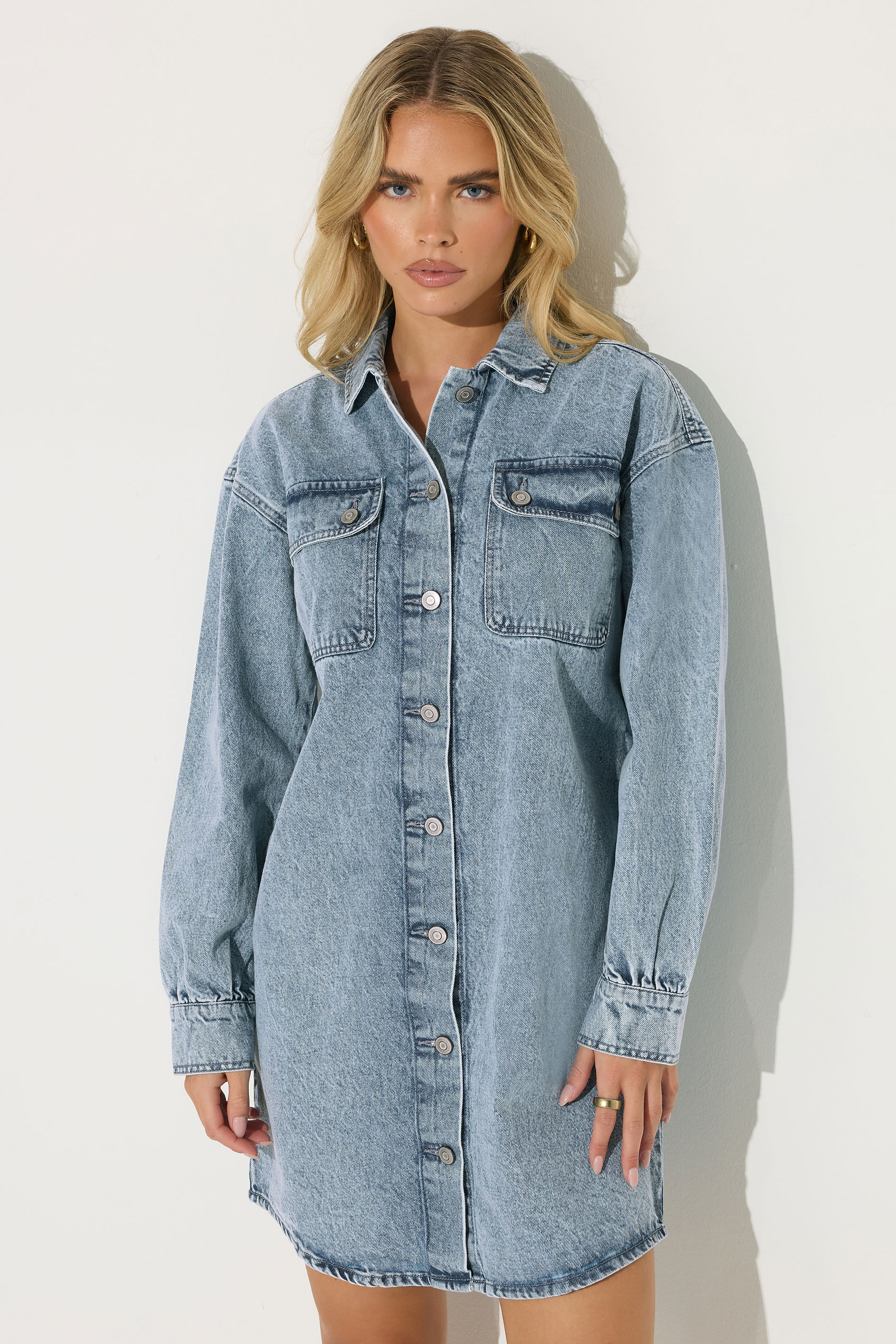 PixieGirl Petite Women's Blue Denim Shirt Mini Dress | PixieGirl 2