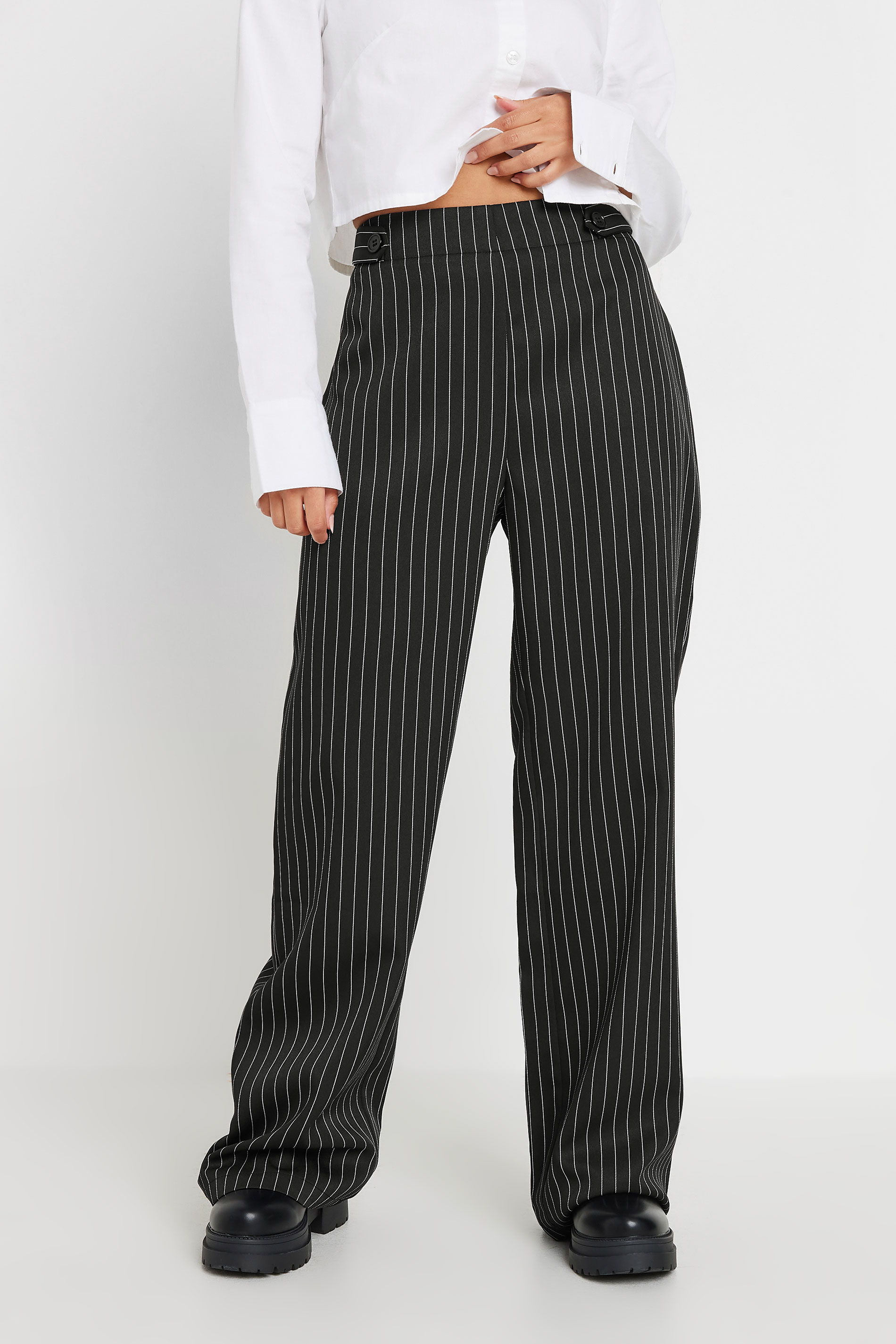 PixieGirl Petite Women's Black Tab Detail Pinstripe Wide Leg Trousers | PixieGirl 2