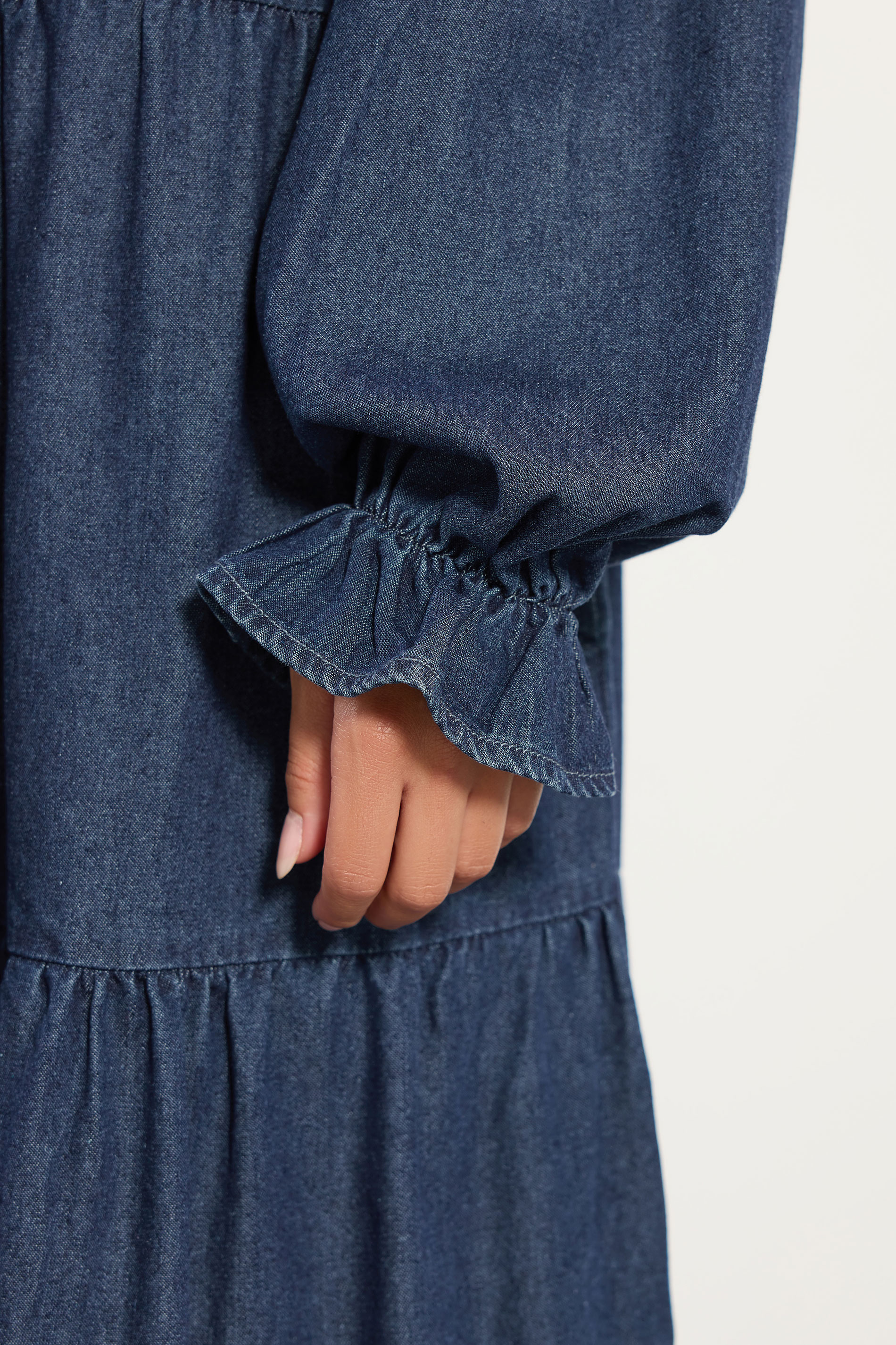 PixieGirl Petite Women's Dark Blue Tie Neck Tiered Dress | PixieGirl 5