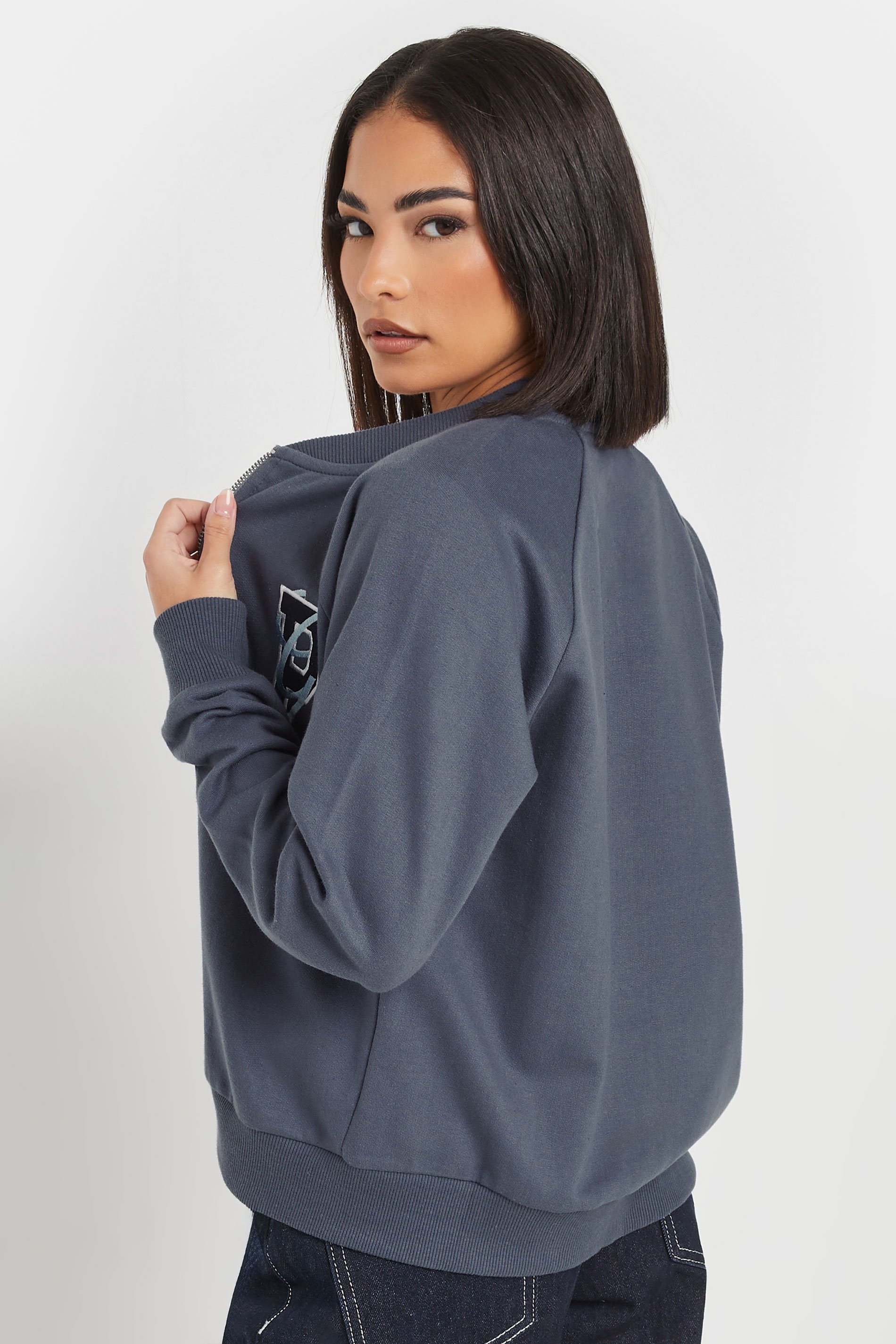 PixieGirl Petite Women's Blue Embroidered Initial Jersey Bomber Jacket | PixieGirl 4