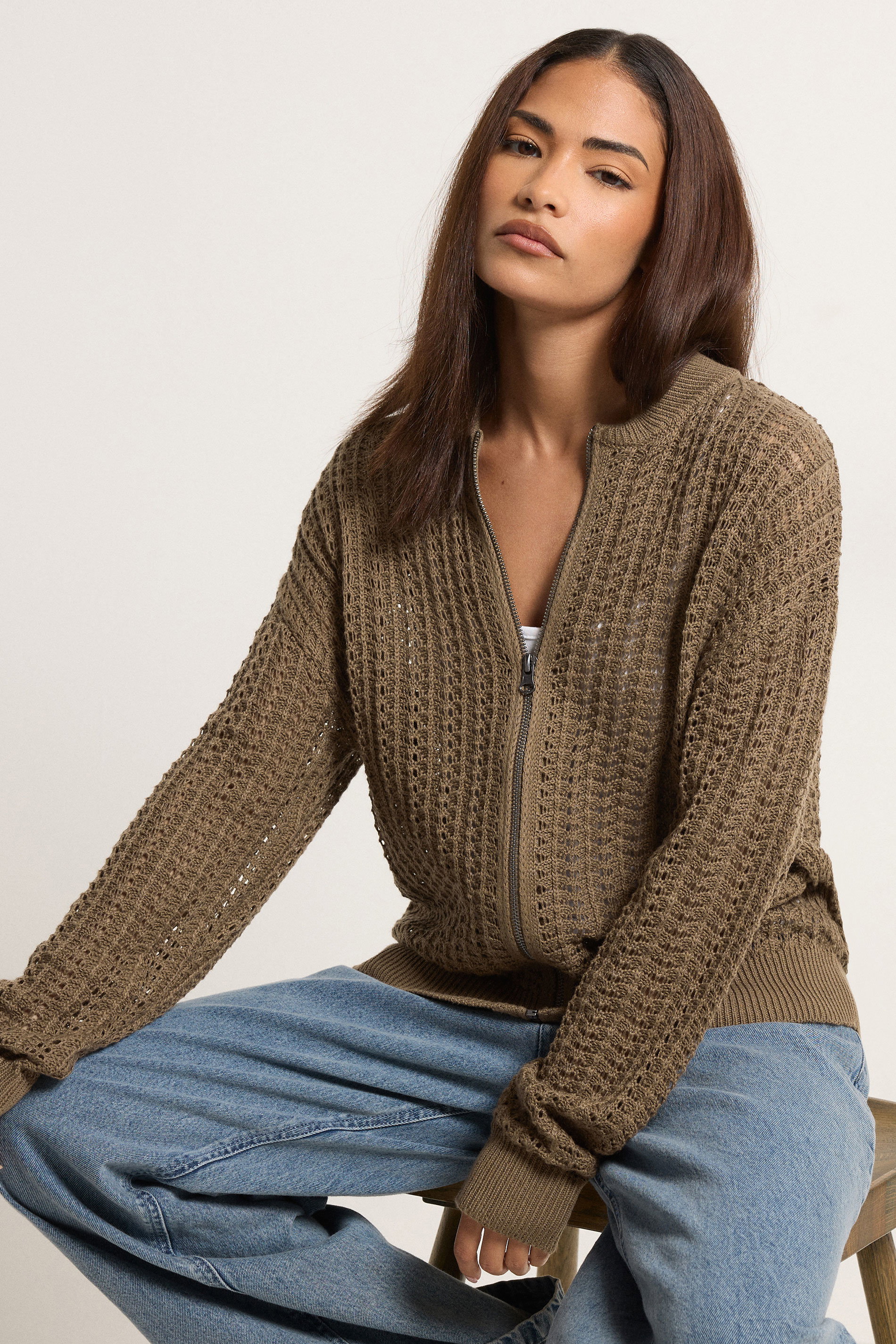 Pixiegirl Women's Brown Petite Chocolate Crochet Bomber Cardigan Size 6-8