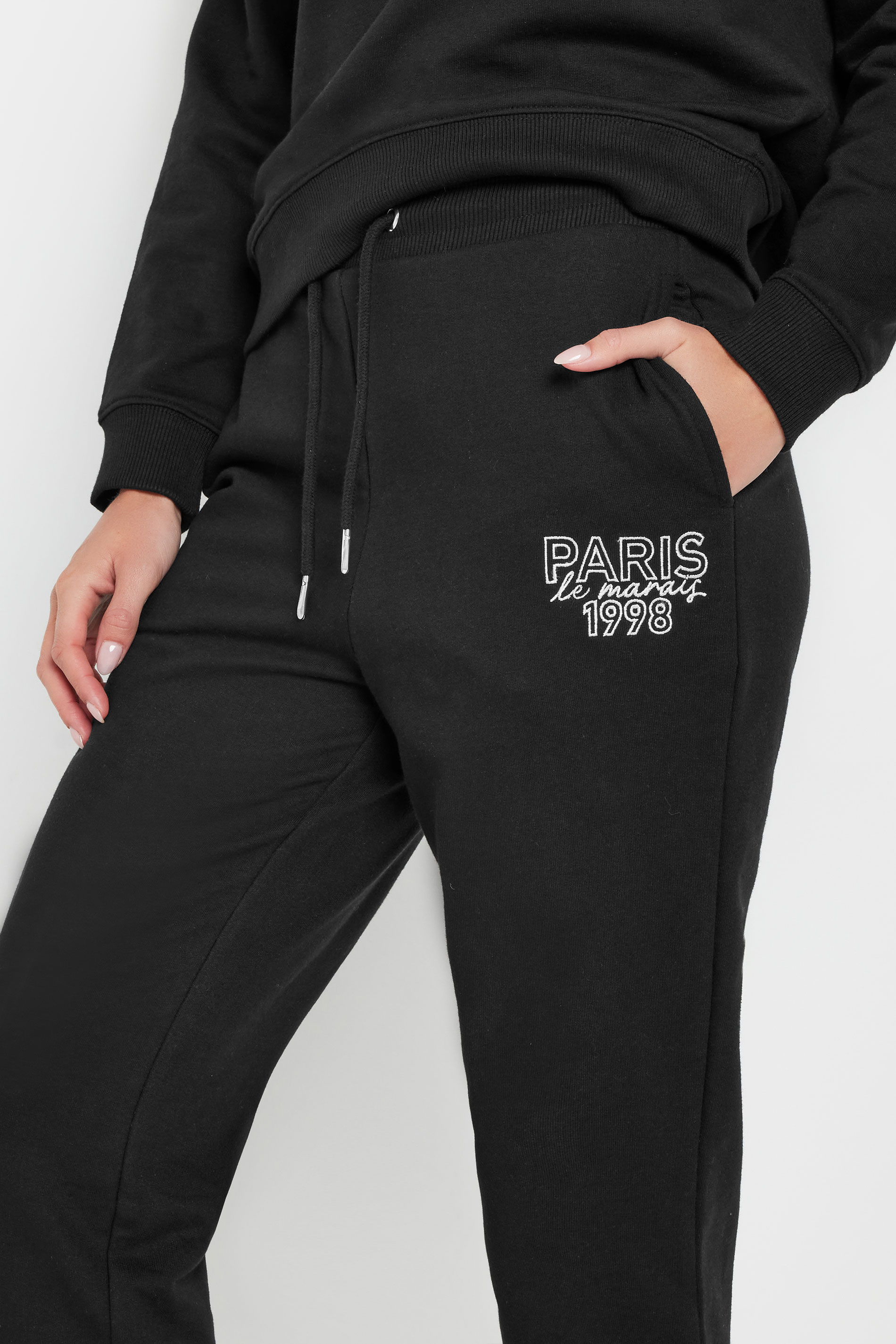 PixieGirl Petite Women's Black Jersey 'Paris' Slogan Cuffed Joggers | PixieGirl 5