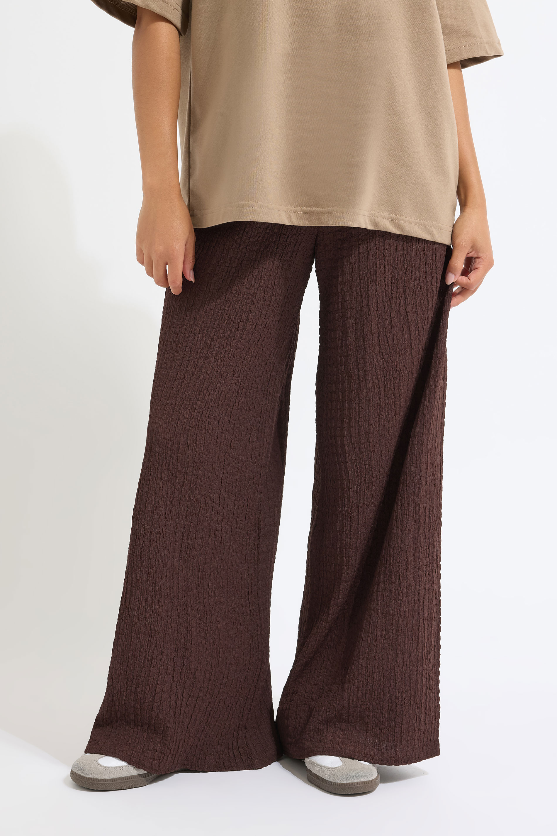 PixieGirl Petite Women's Brown Bubble Textured Wide Leg Trousers | PixieGirl 2