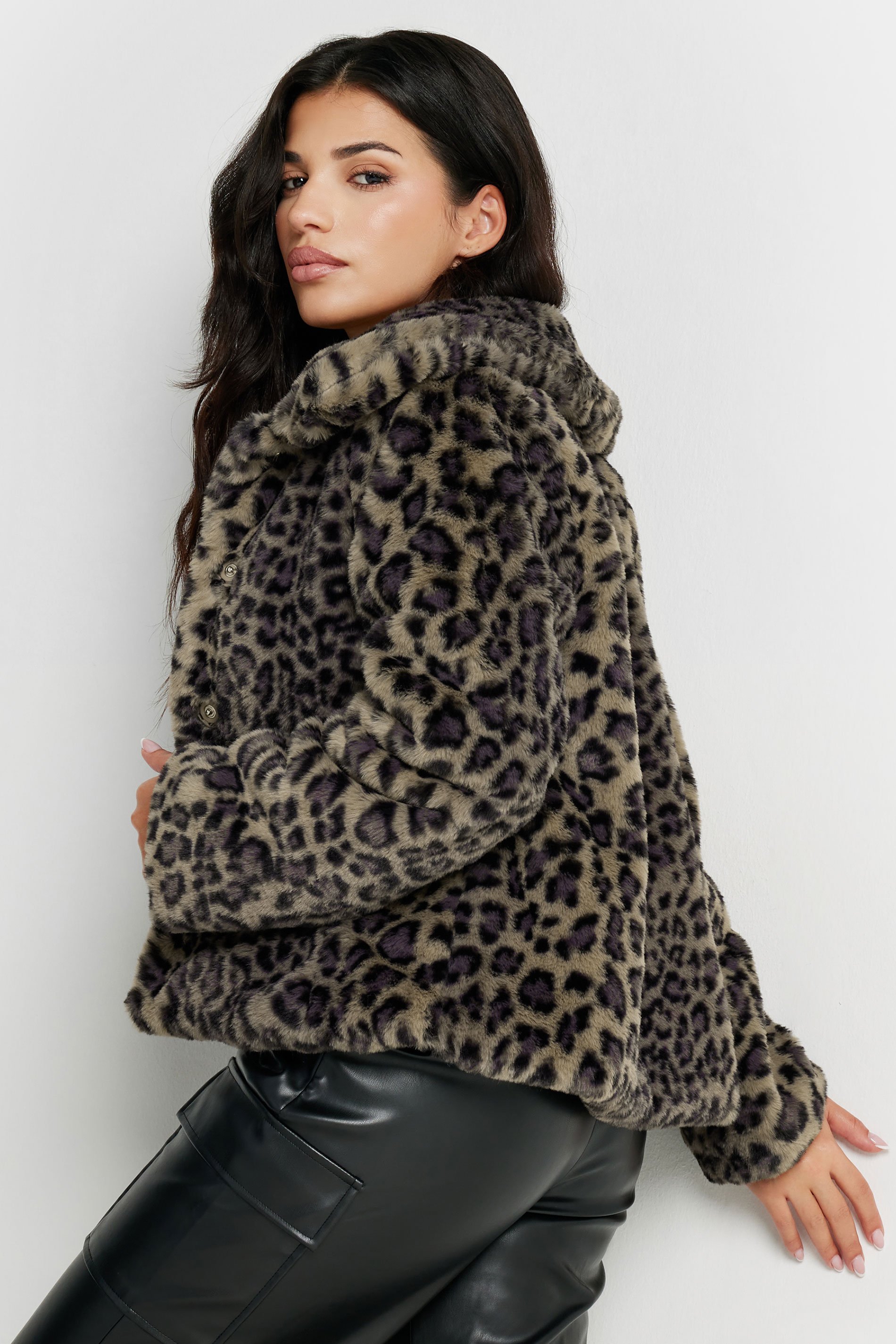 PixieGirl Petite Women's Brown Leopard Print Faux Fur Coat | PixieGirl 4