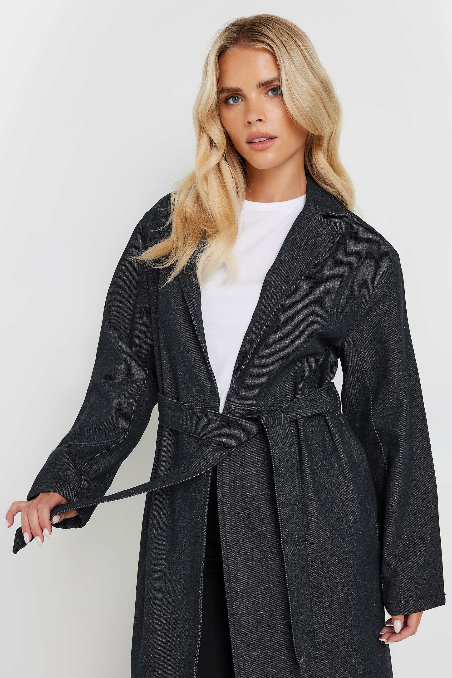 PixieGirl Petite Women's Indigo Blue Belted Denim Trench Coat | PixieGirl 5