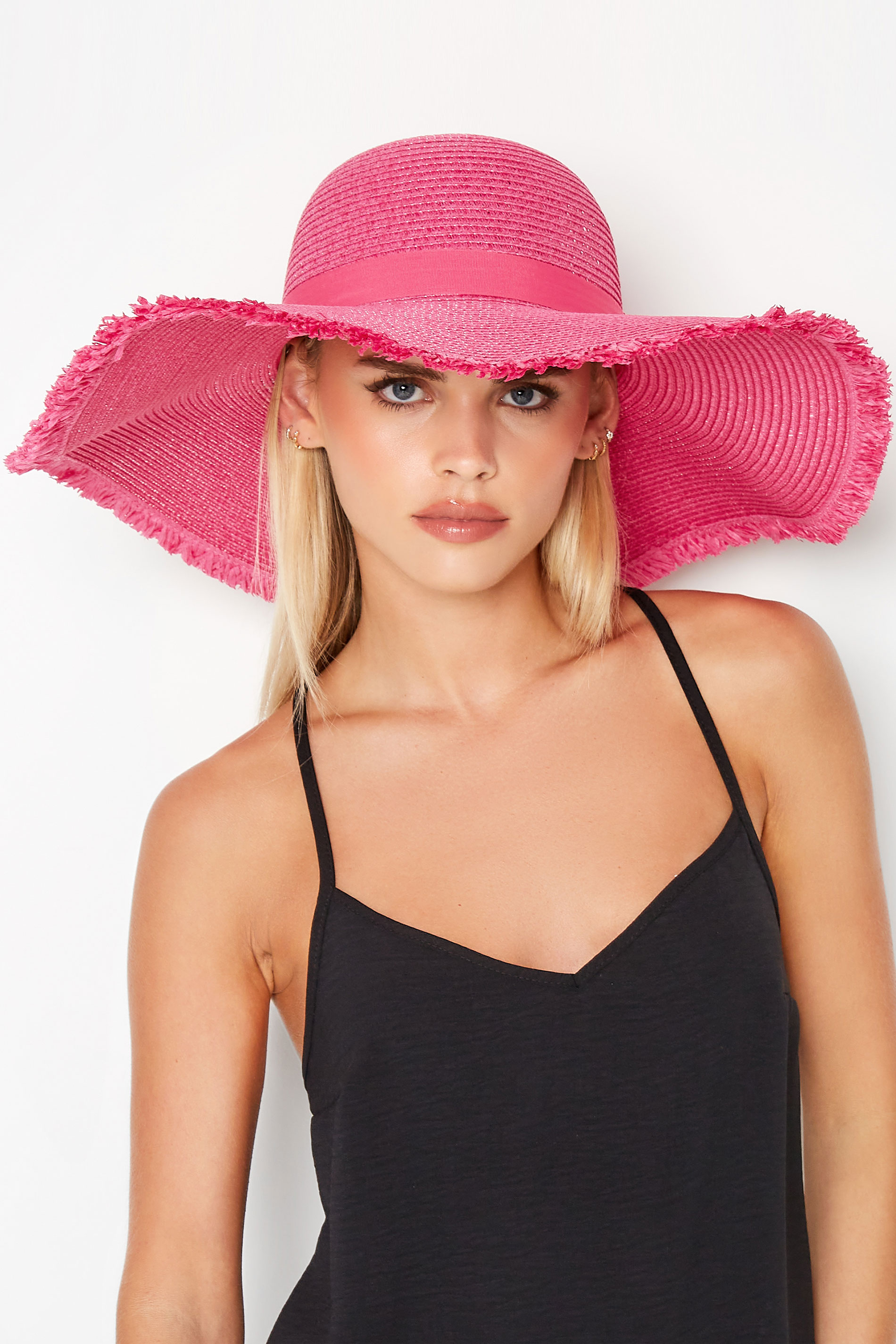 Hot Pink Frayed Edge Straw Hat | Yours Clothing  2